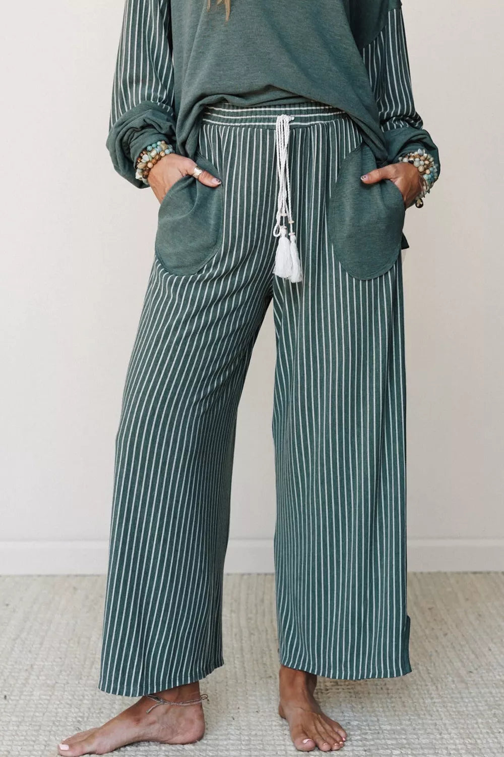 Raw Seam Patchwork Long Sleeve Top Pocket Casual Pants 2pcs Set