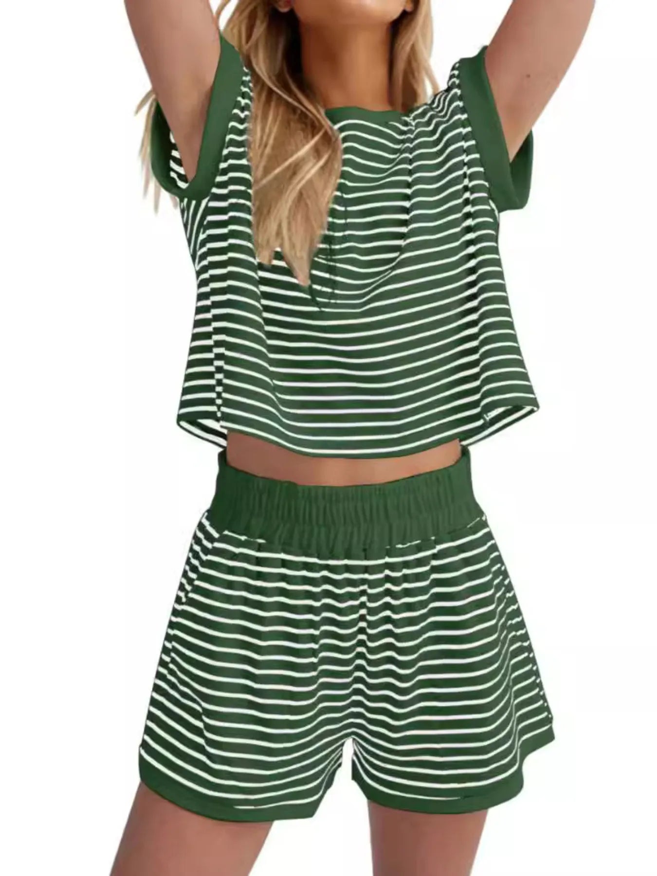 Full Size Contrast Striped T-Shirt and Shorts Set Plus Size