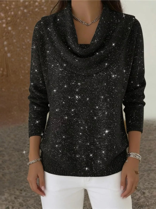 Full Size Glitter Cowl Neck Long Sleeve Sweater Plus Size