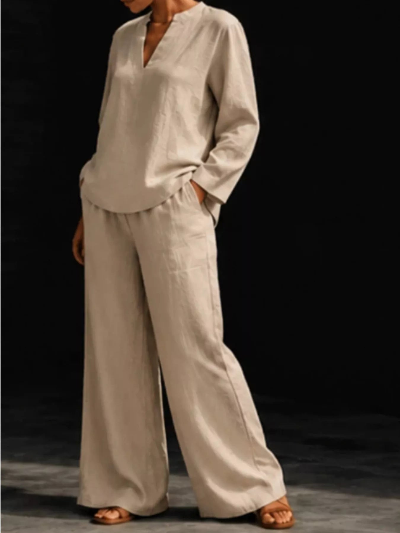 Notched Long Sleeve Top and Pants Set