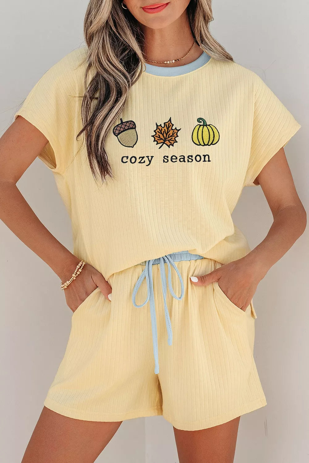 Cozy Season Embroidered Graphic Relaxed Two-Piece Short Set