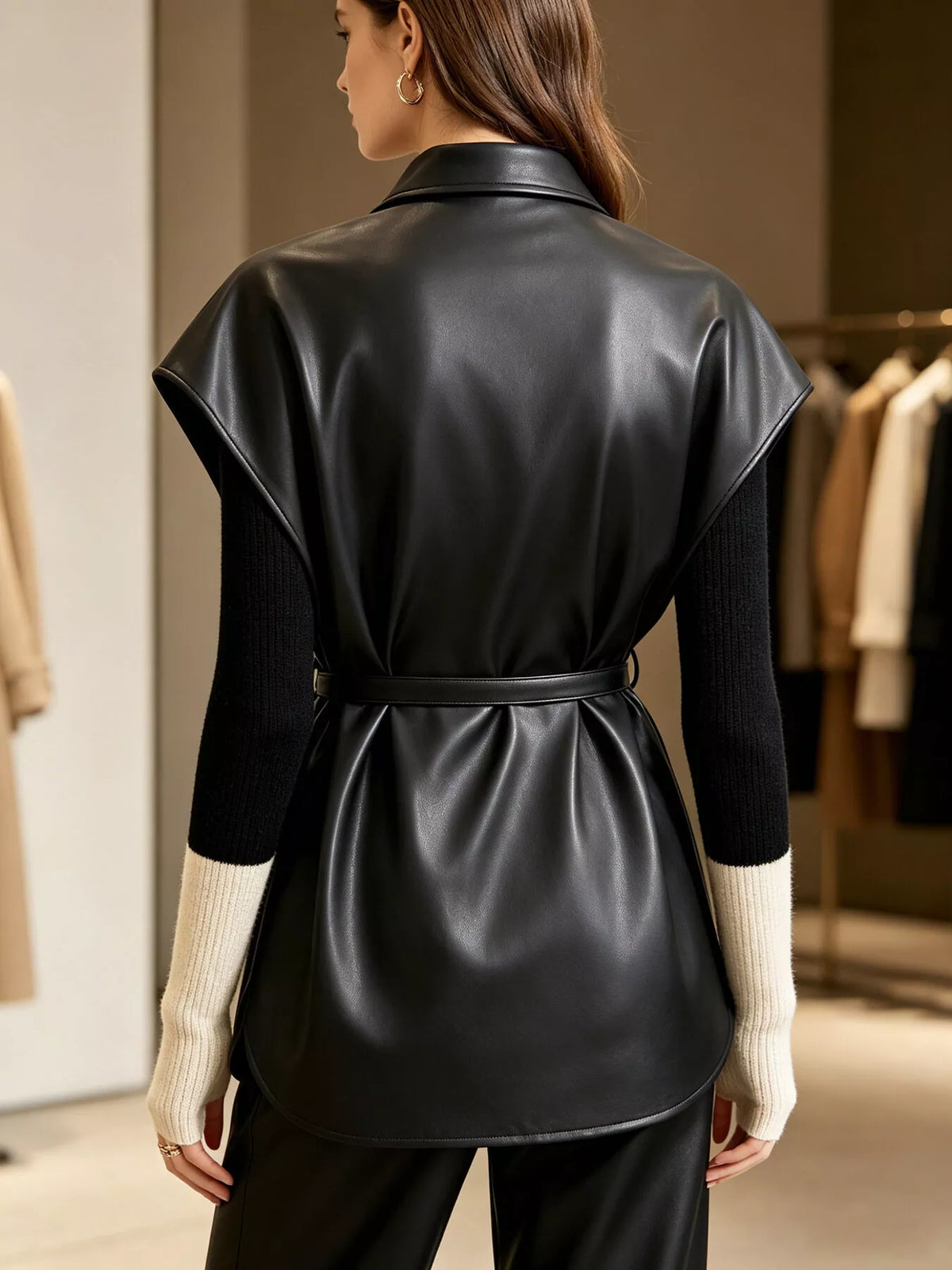 Sleek Faux Leather Belted Vest Coat