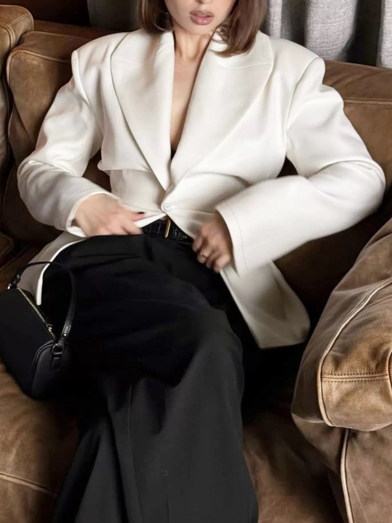 One Button Padded Shoulders Blazer