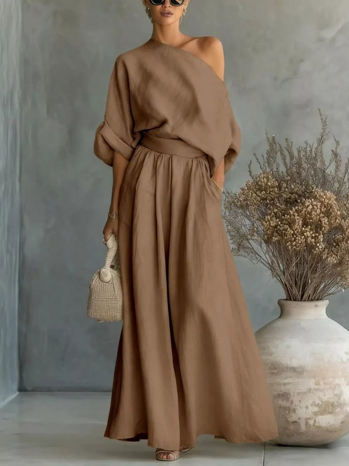 Full Size One Shoulder Top and Wide Leg Pants Set Plus Size