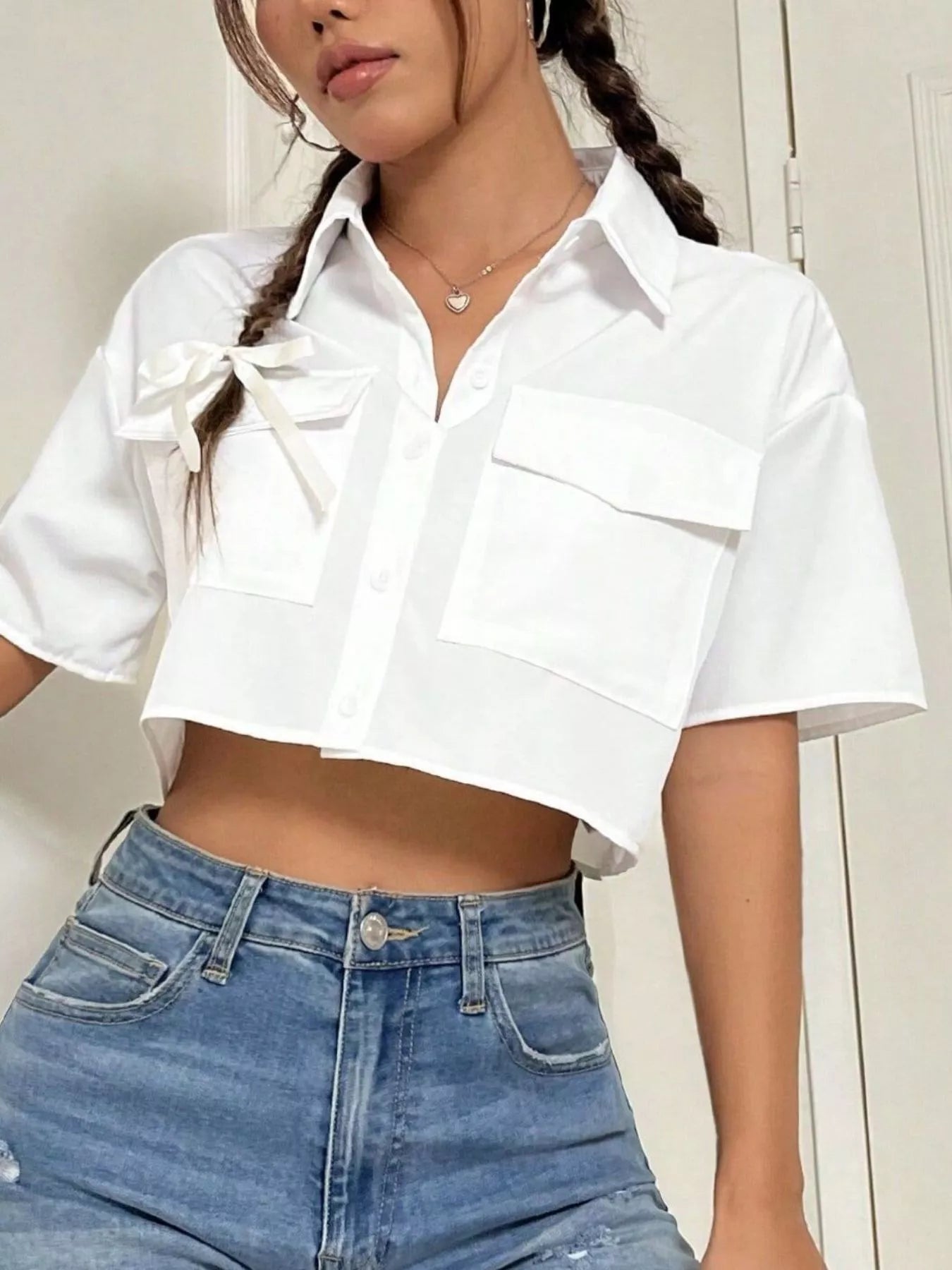 Short Sleeve Crop Shirt with Chest Pockets