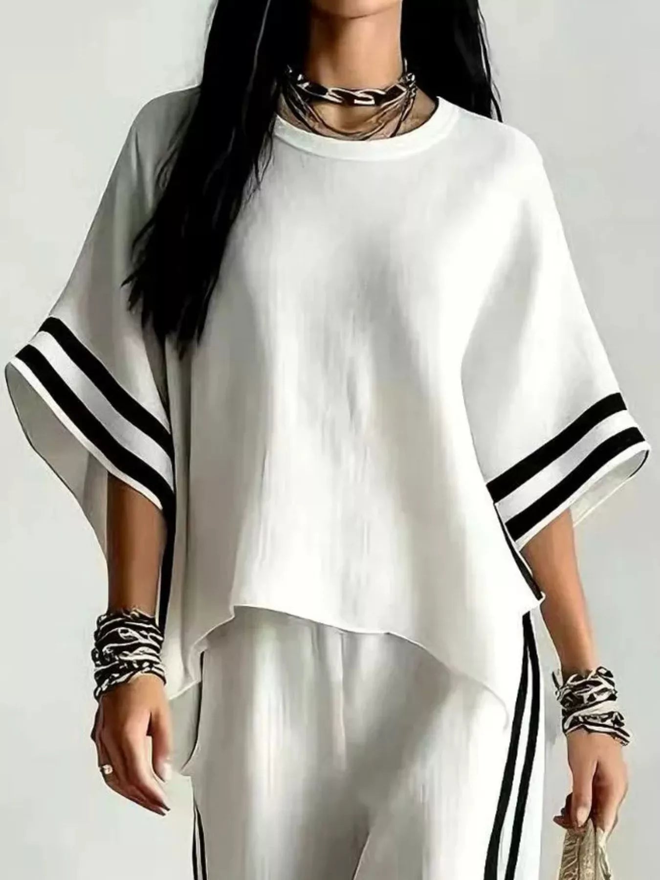 Full Size Striped 3/4 Sleeve Top and Pants Set Plus Size