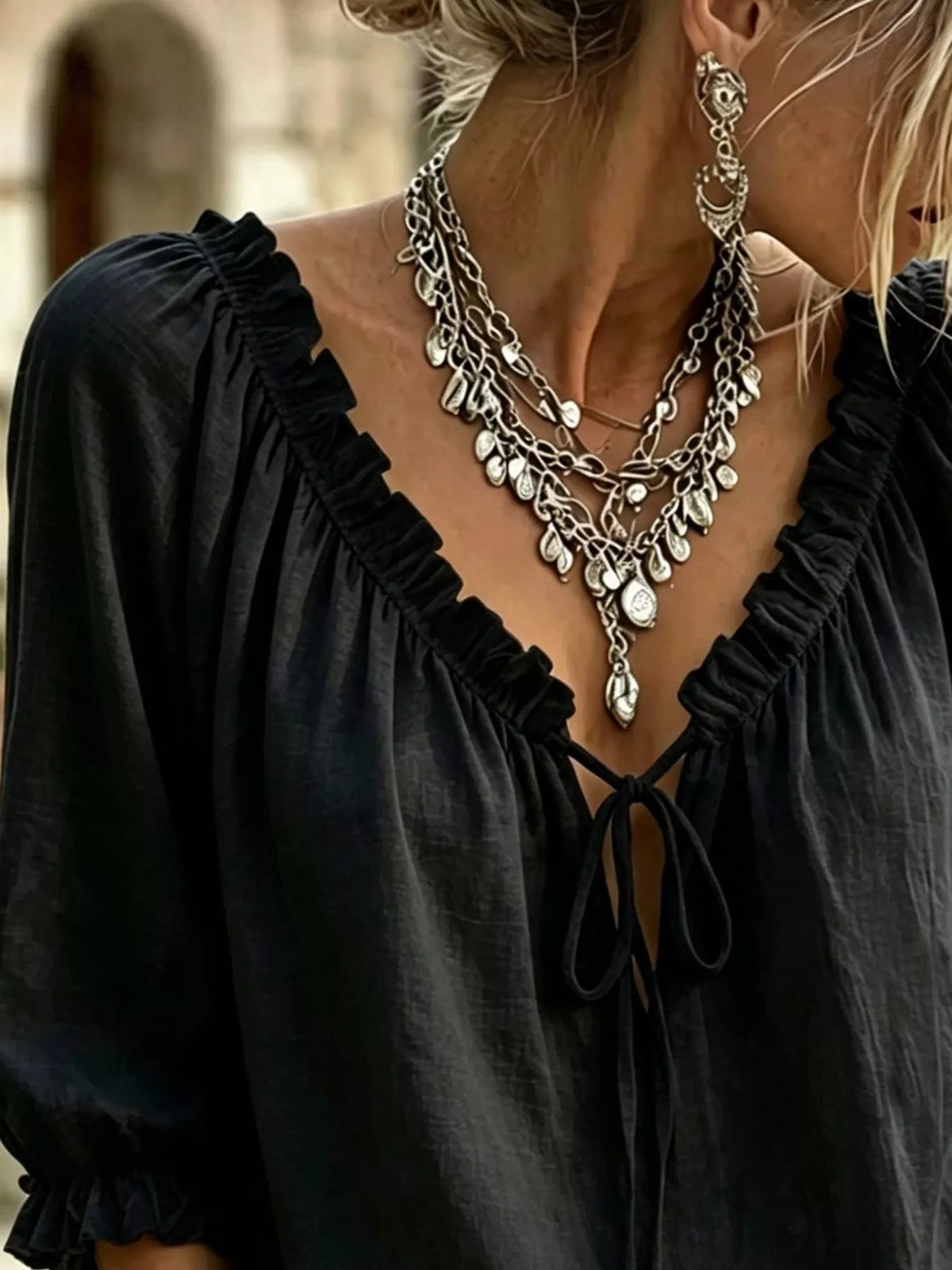 Frill Tie Neck 3/4 Sleeve Blouse