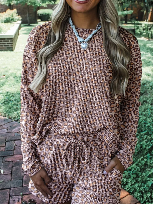 Leopard Ribbed Long Sleeve Top Drawstring Shorts 2pcs Outfit