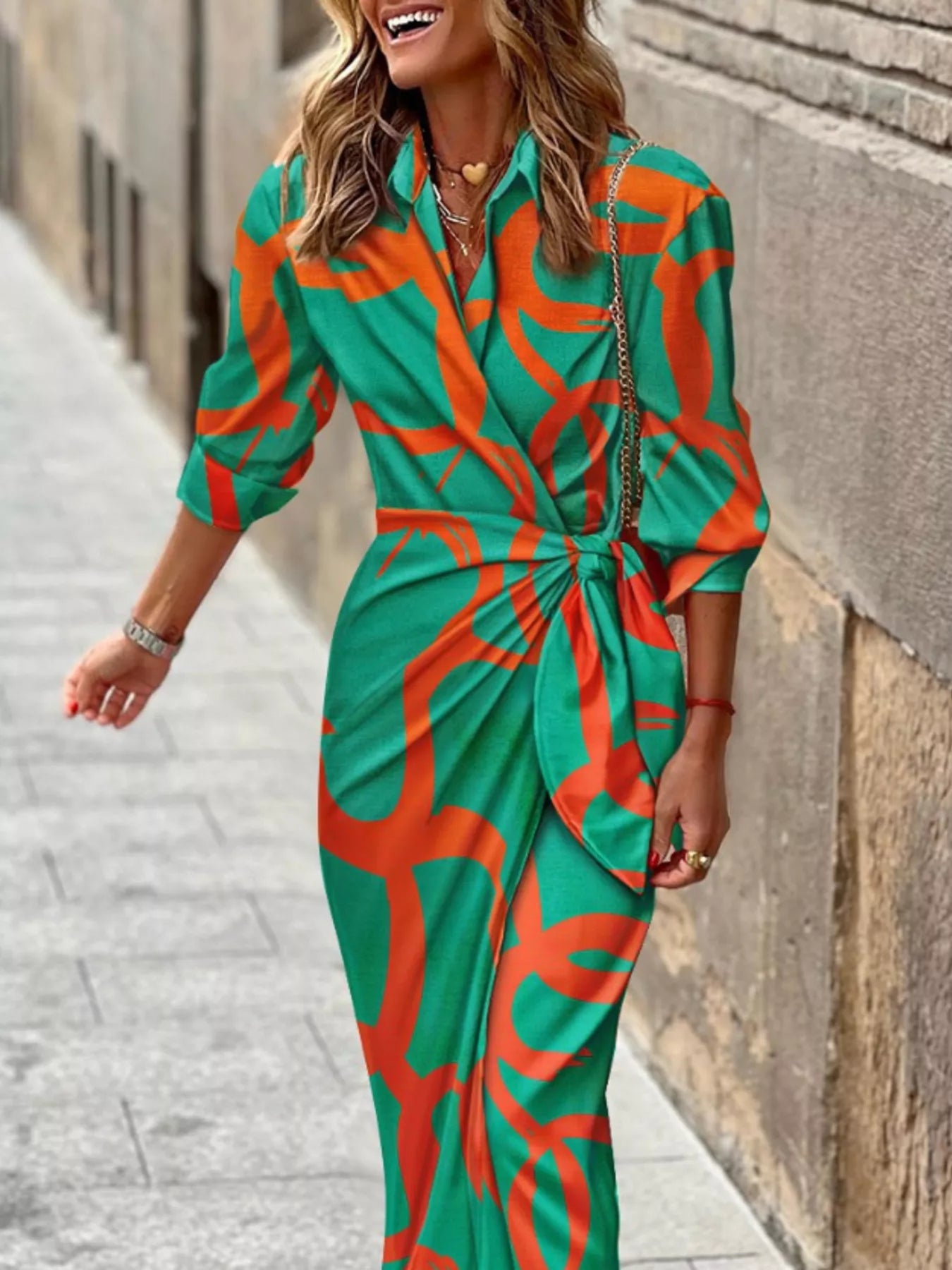 Abstract Print Wrap Midi Dress