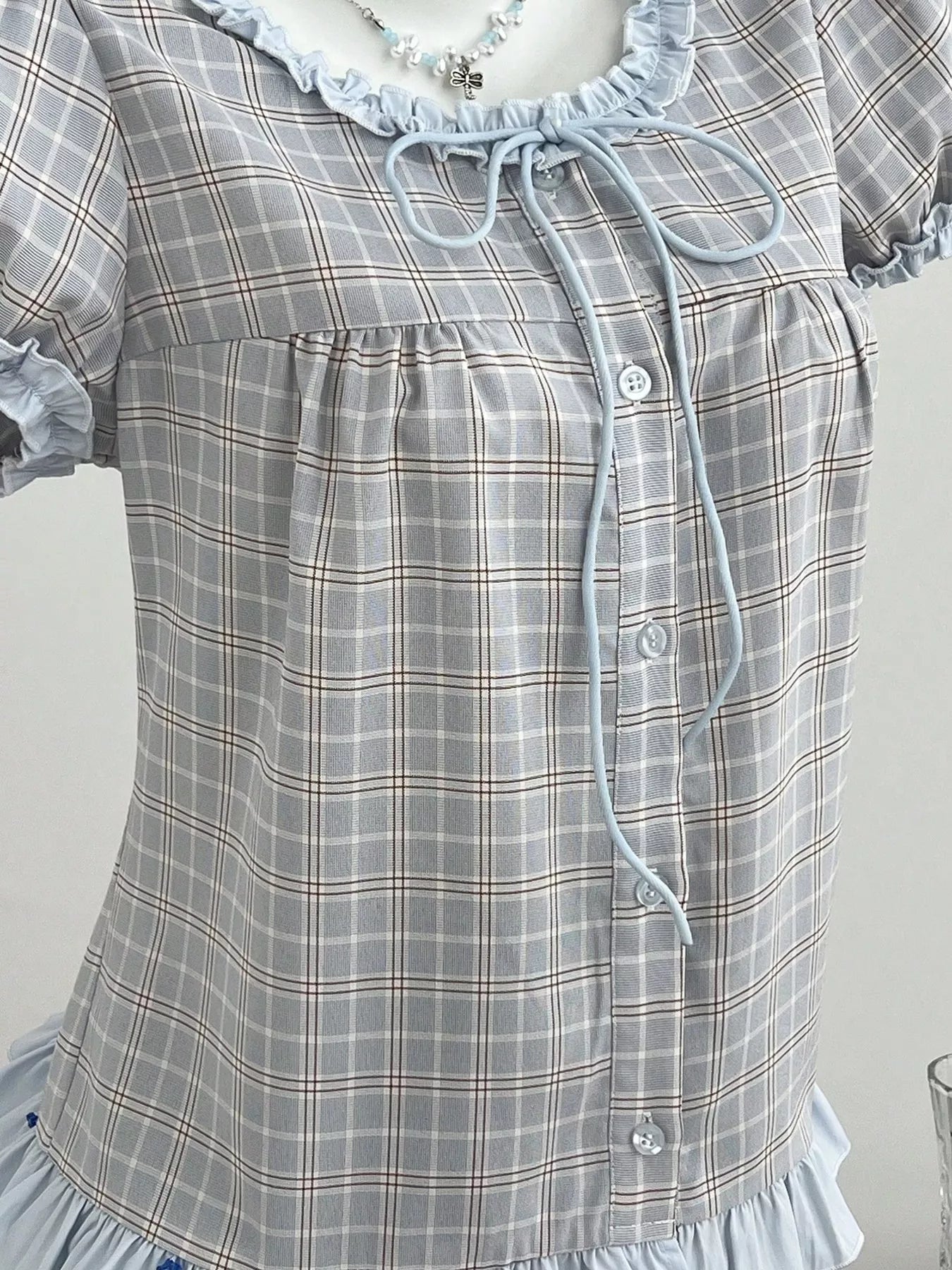 Plaid Ruffle Trim Puff Sleeve Blouse