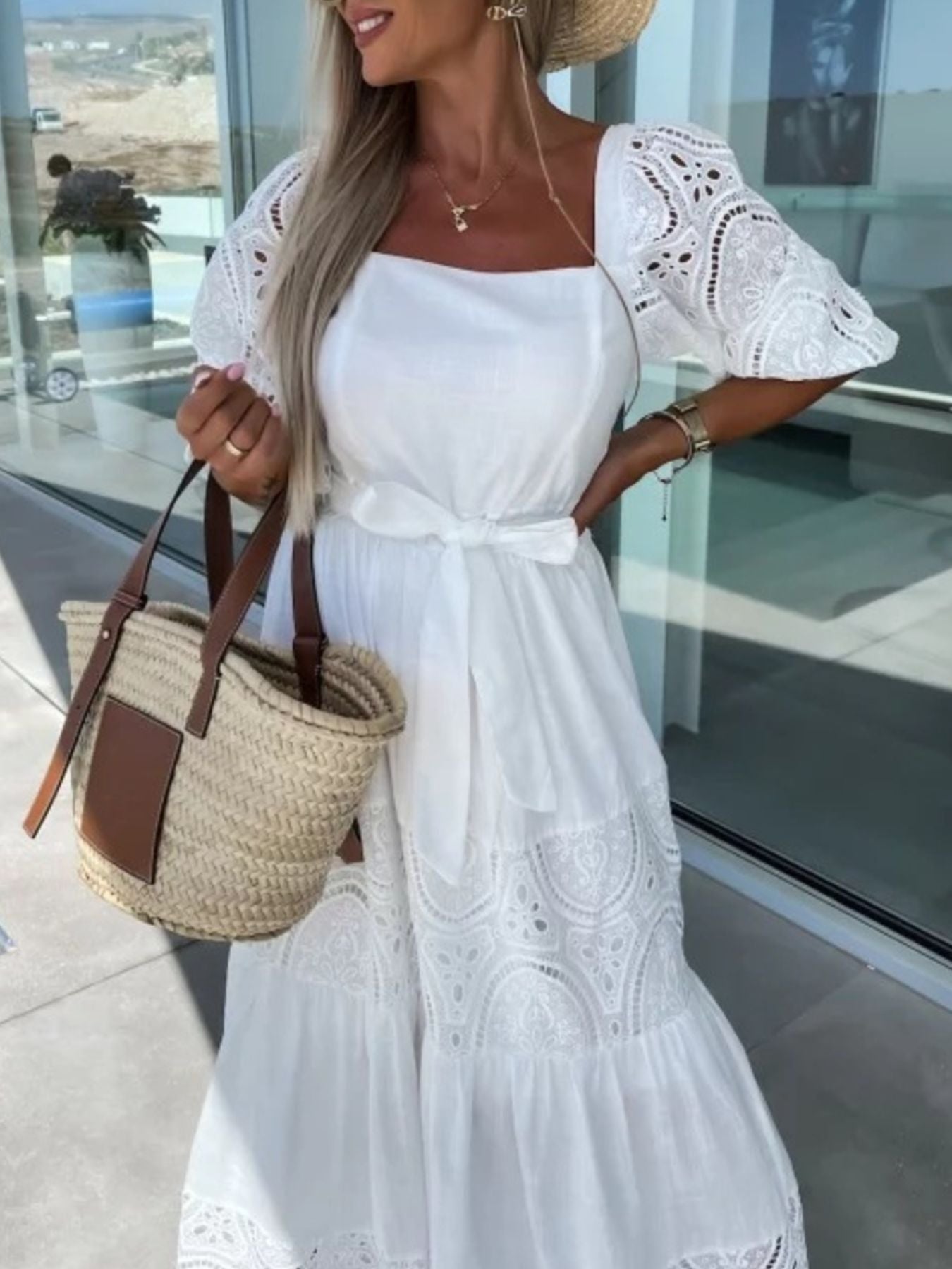Lace Sleeve Belted Tiered Ruffled Maxi Dress