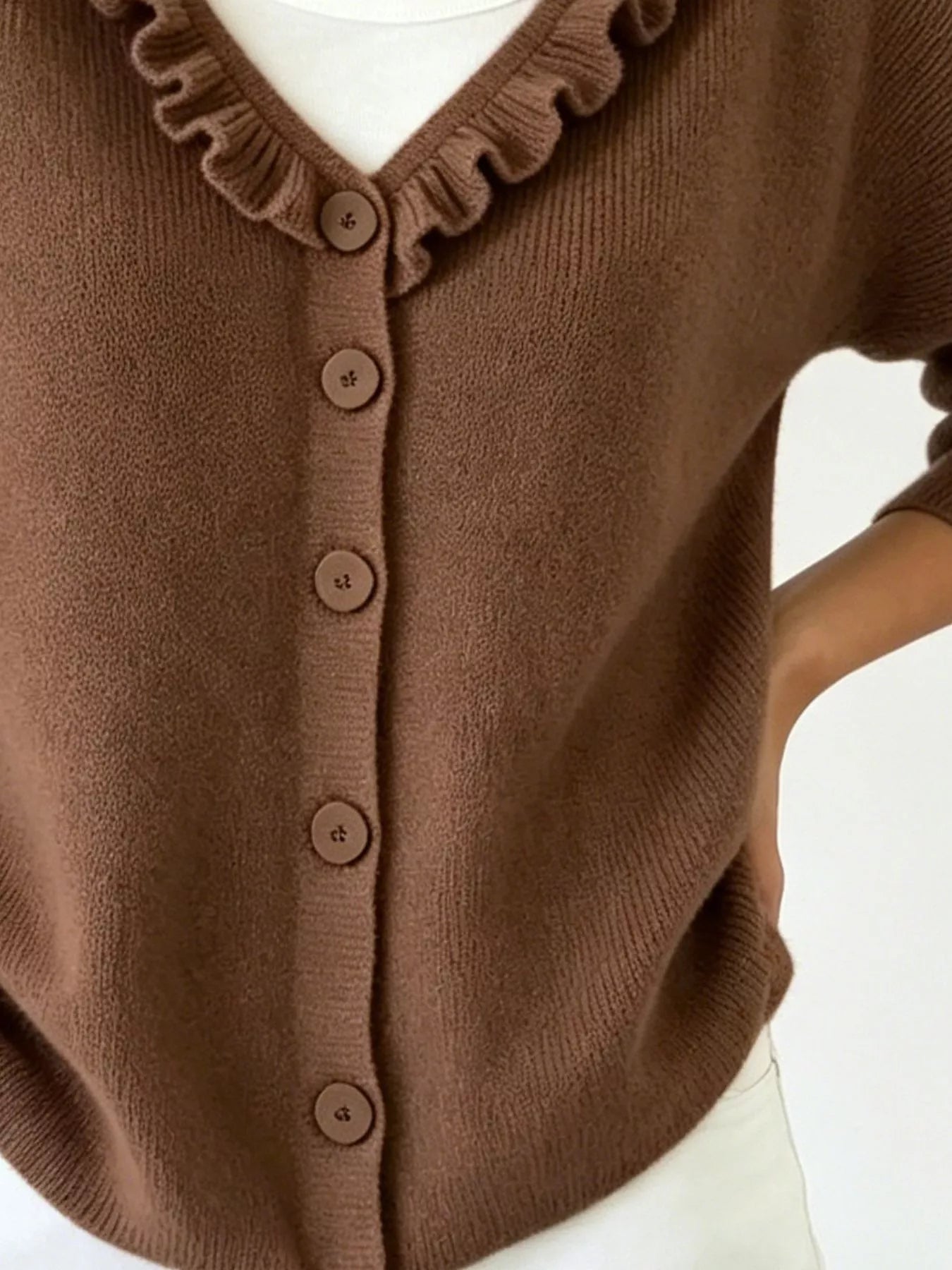 Ruffled Neckline Button-Up Cardigan