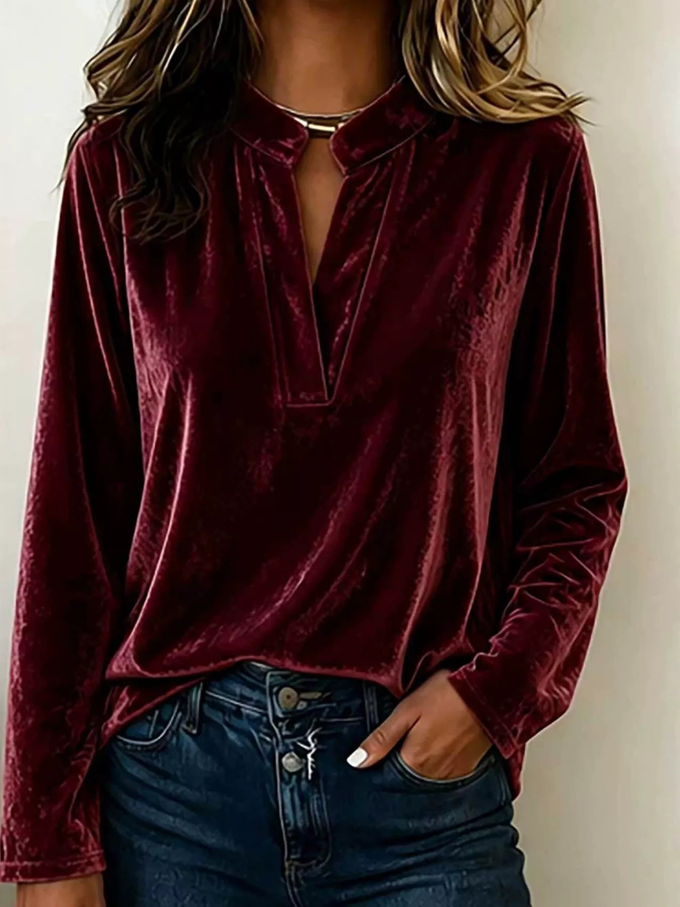 Full Size Velvet Notched Long Sleeve Blouse Plus Size