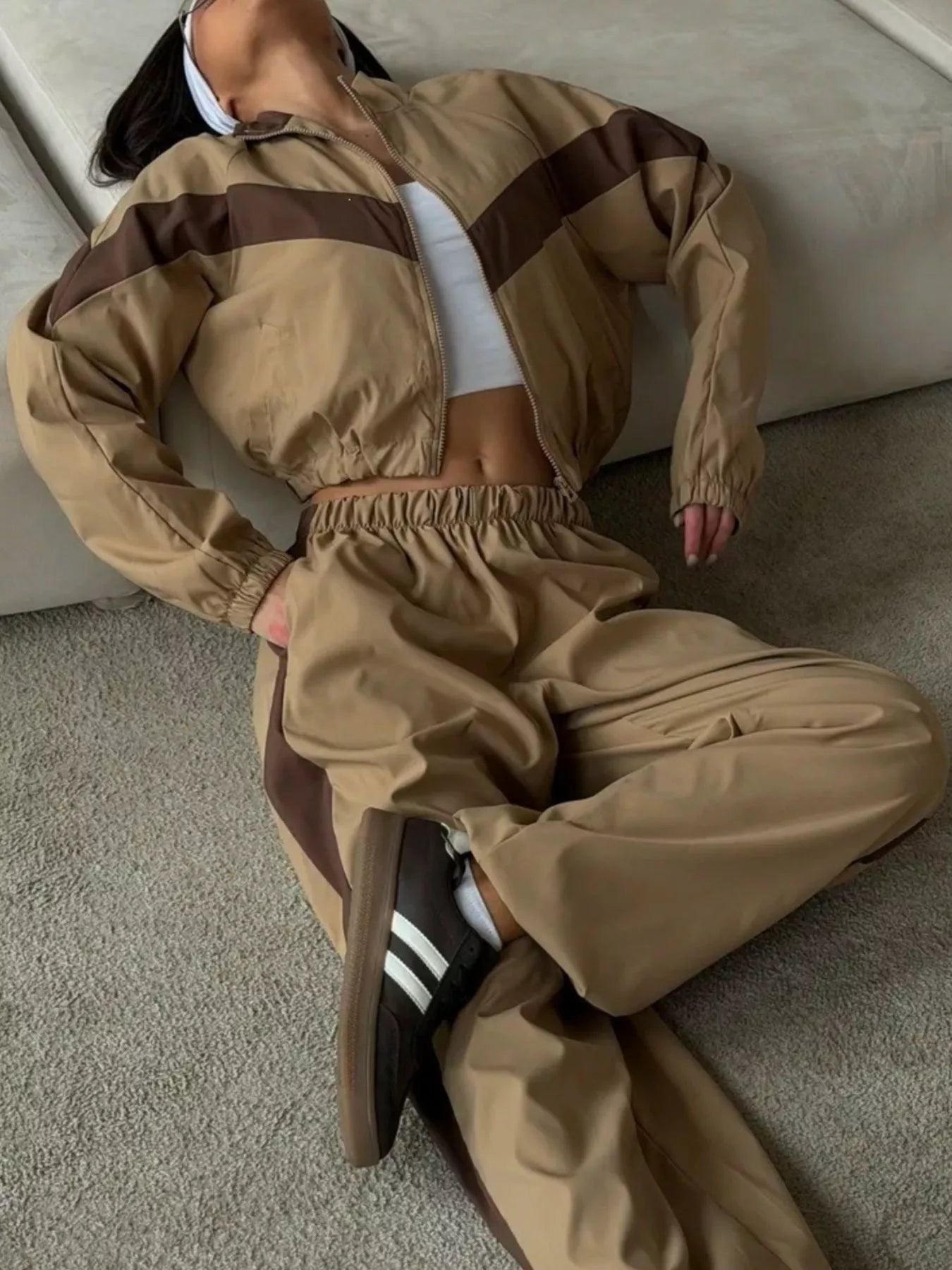 Color Block Zip Up Outerwear and Pants Set