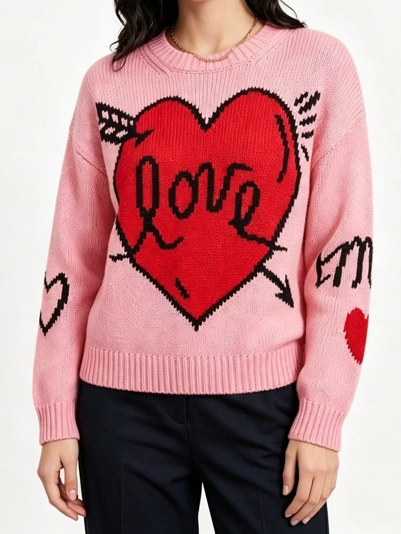 Heart Round Neck Ribbed Sweater
