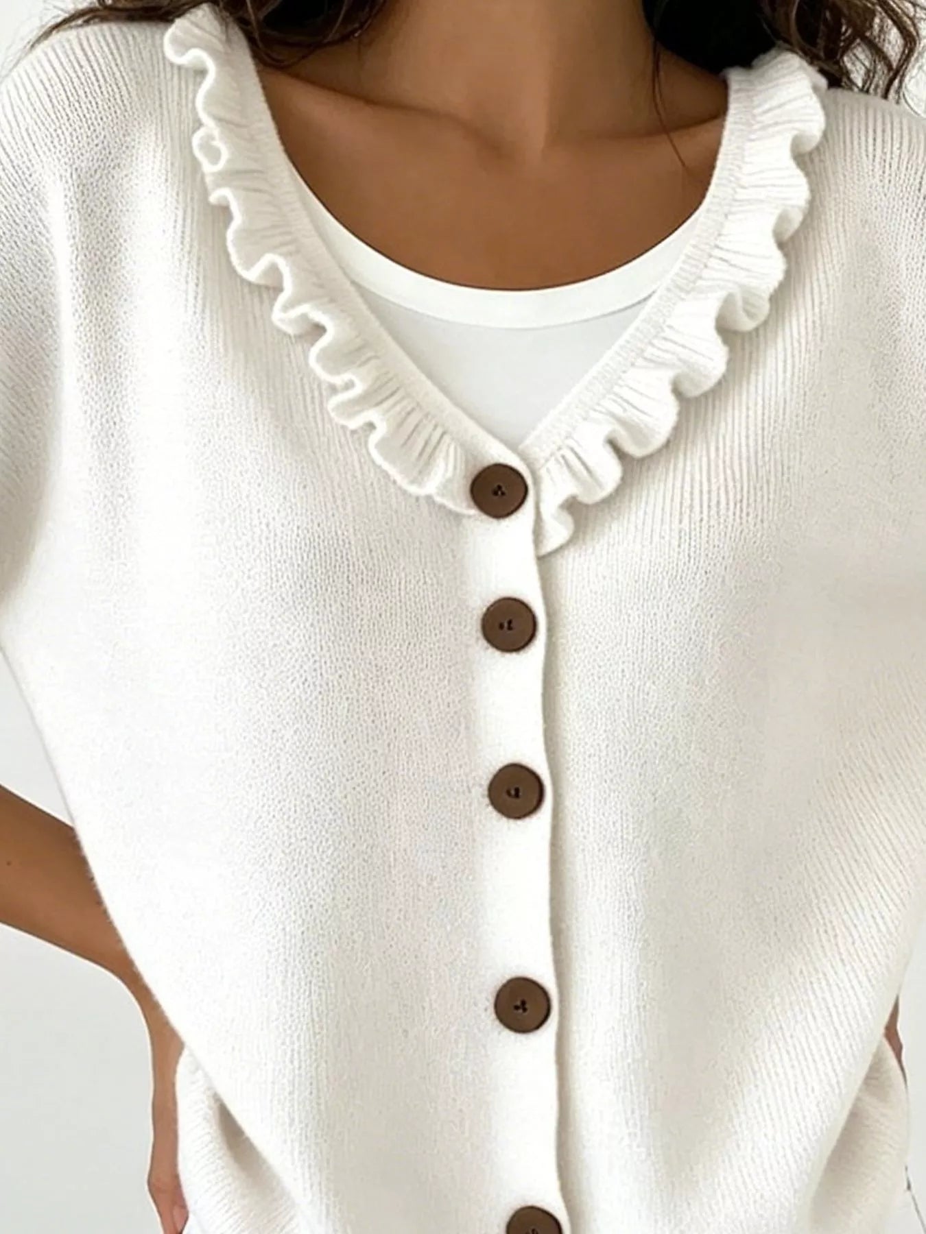 Ruffled Neckline Button-Up Cardigan