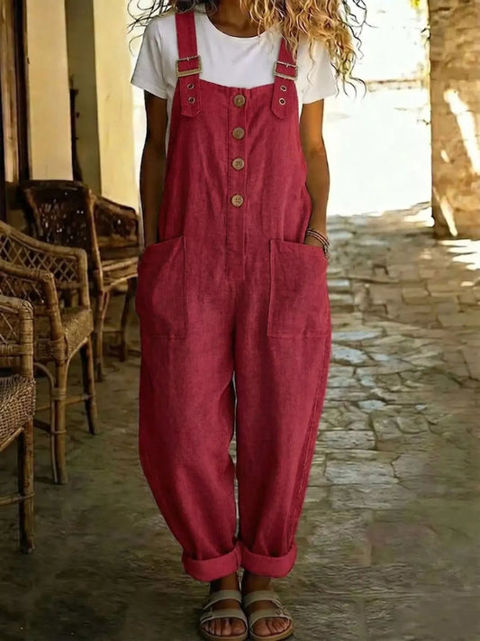 Casual Button Front Wide Leg Overalls