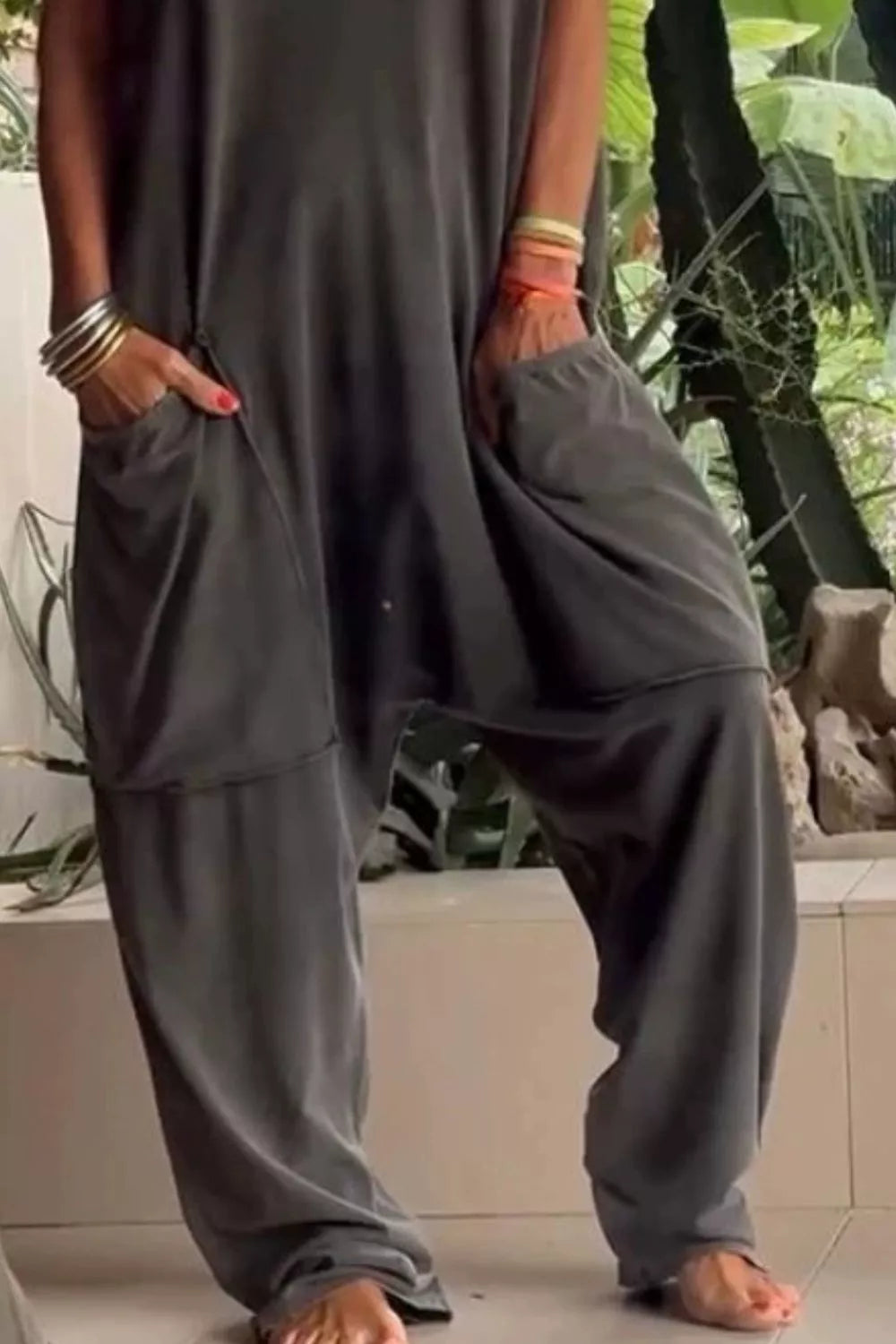 Full Size Casual V-Neck Short Sleeve Jumpsuit with Pockets Plus Size