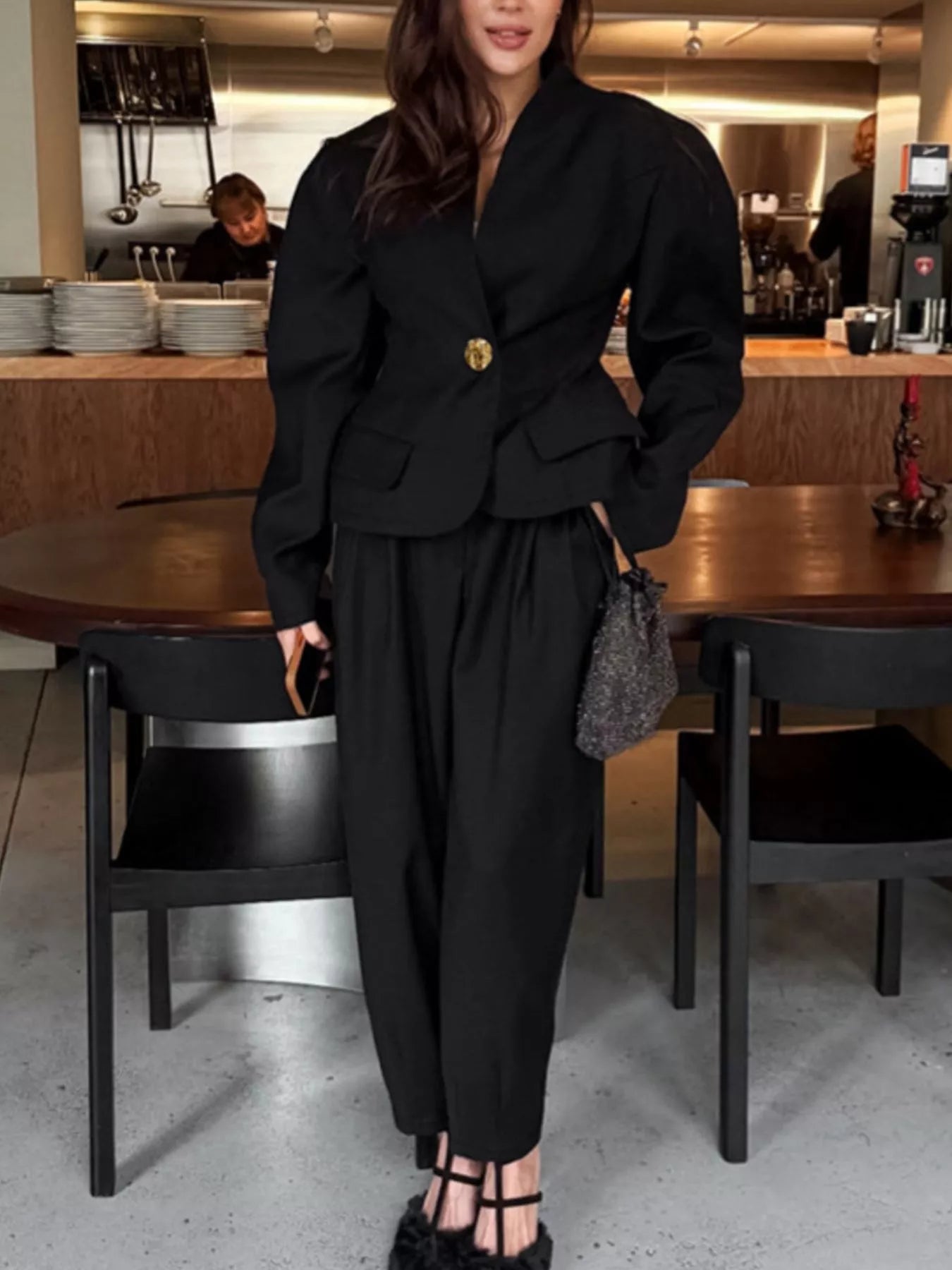 Puffy Sleeve Blazer and Wide-Leg Pants Set