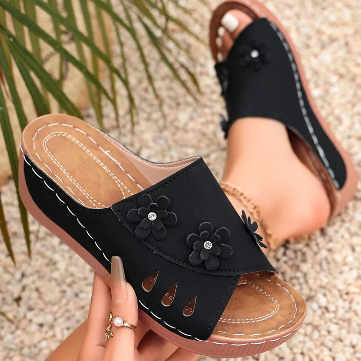 Comfortable Wedge Sandals with Floral Embellishments