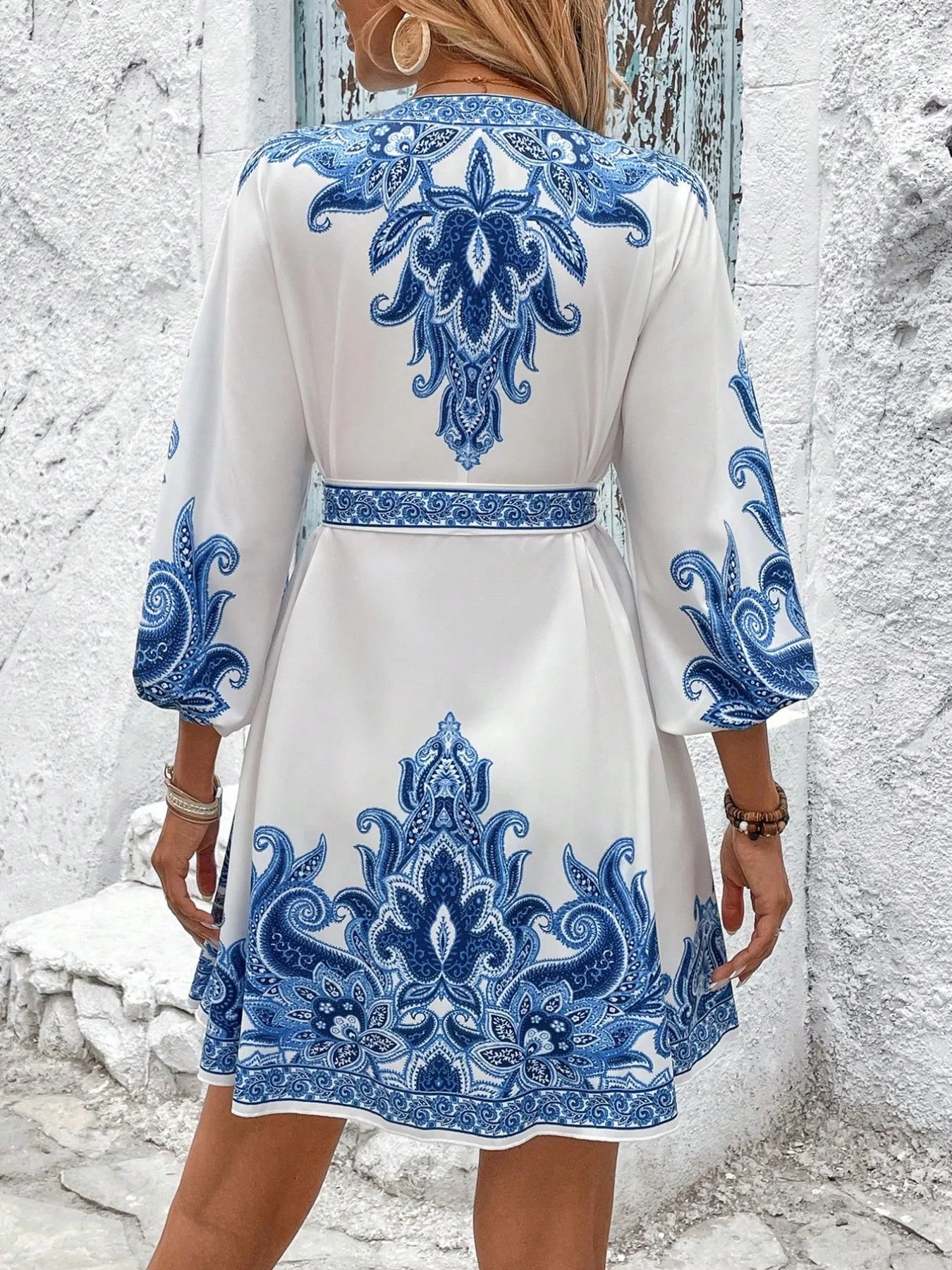 Printed V-Neck Balloon Sleeve Mini Dress