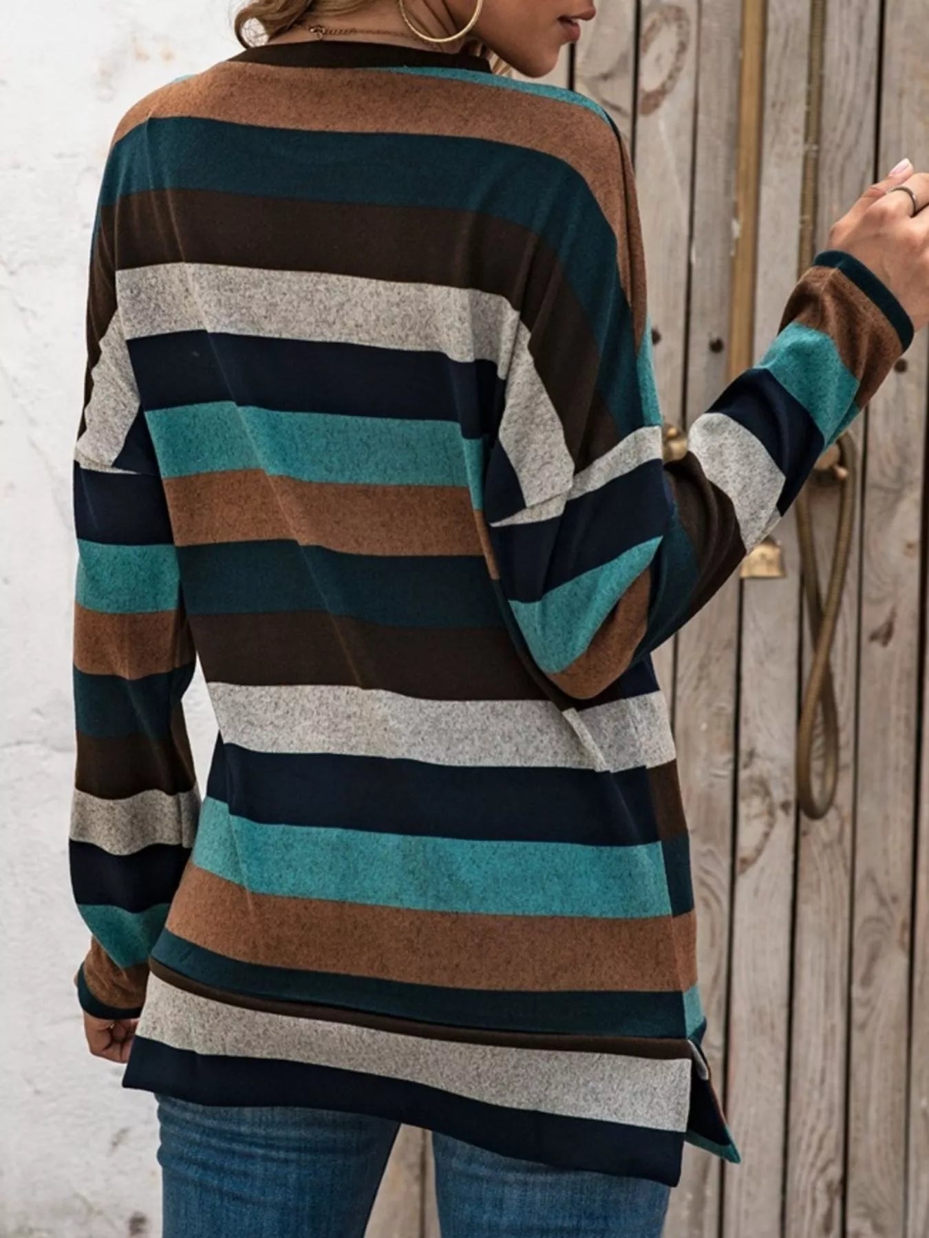 Full Size Casual Striped Long Sleeve Crew Neck Top Plus Size