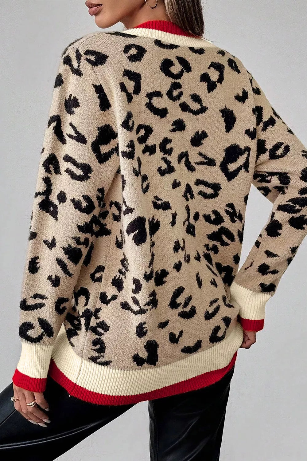 Leopard Pattern V-Neck Contrast Rib Knitted Sweater