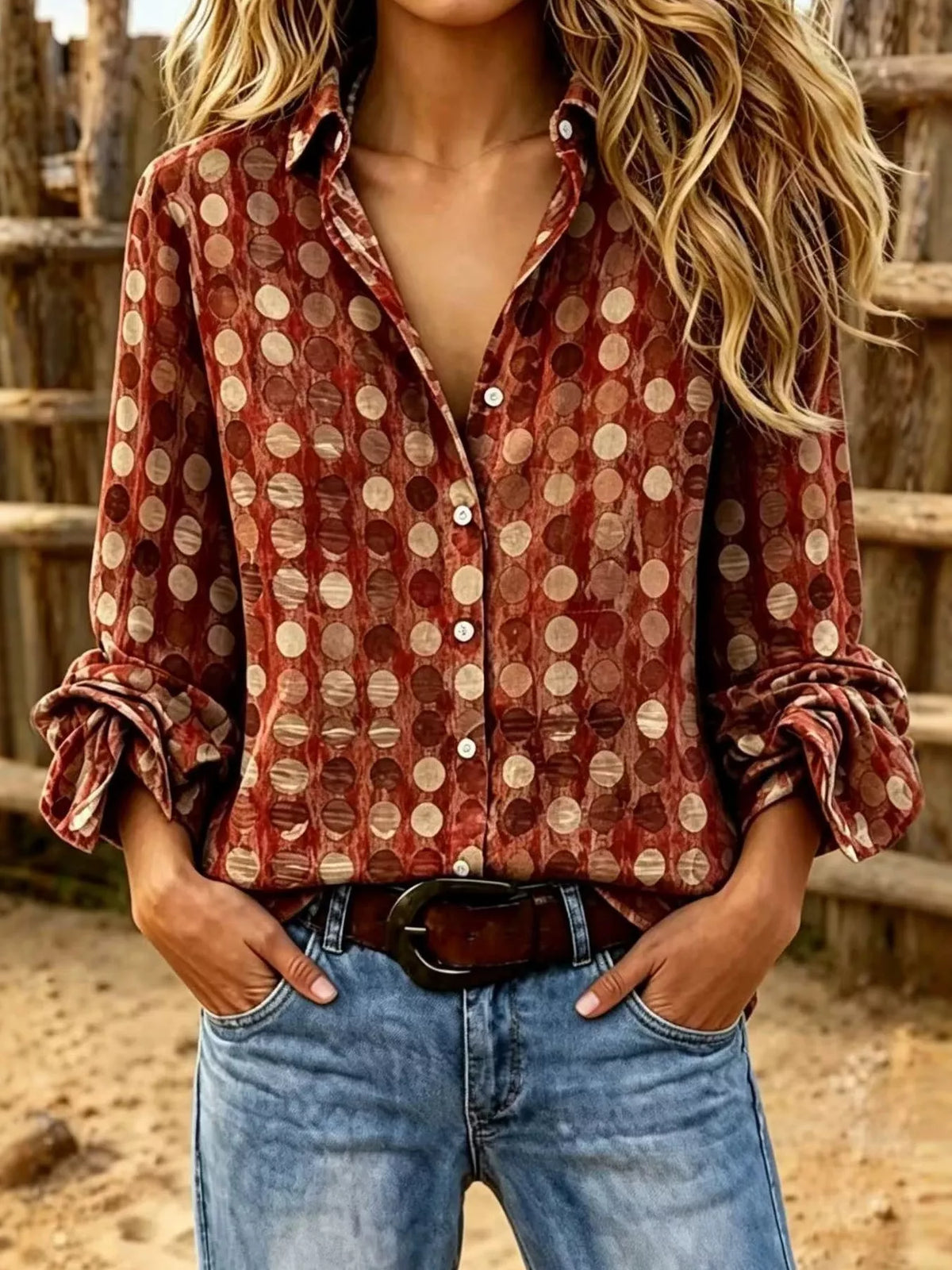 Full Size Circle Pattern Long Sleeve Shirt Plus Size