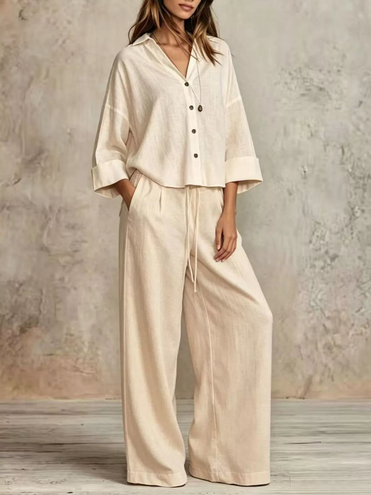 Full Size Button-Down Shirt and Wide-Leg Pants Set Plus Size