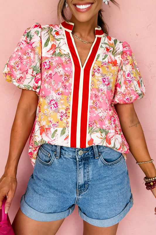 Contrast Collared V Neck Short Sleeve Floral Blouse
