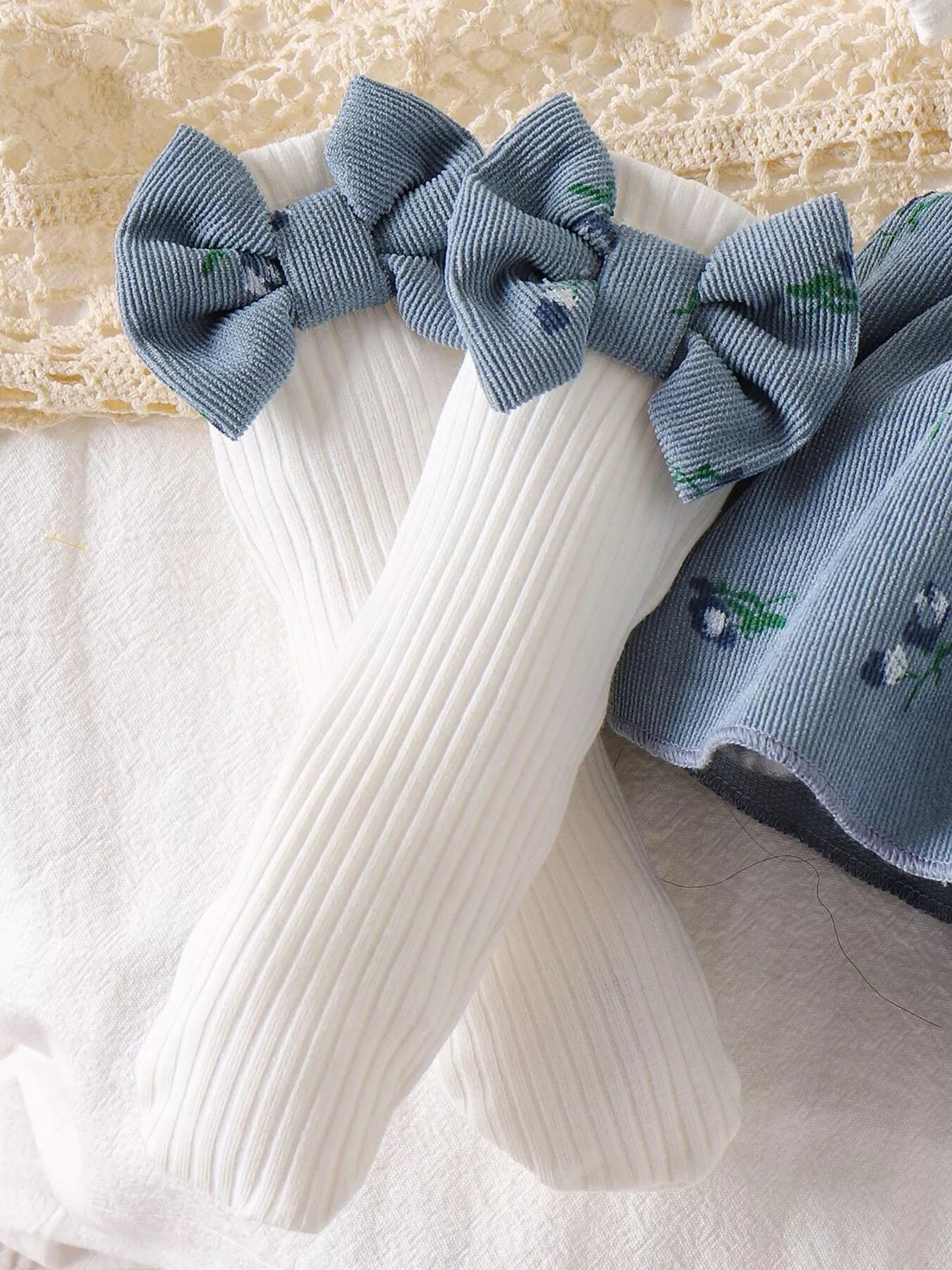 Children's Bow Ribbed Knit Dress & Headband & Socks Set