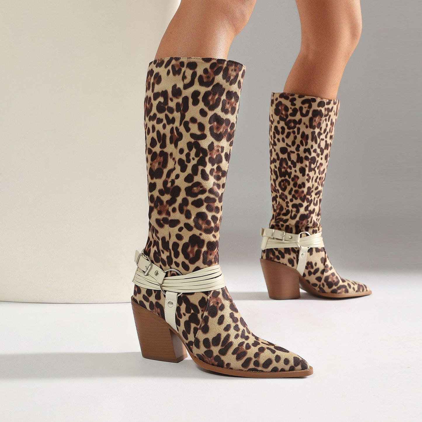 Women's Leopard Print Knee-High Western Boots | Chunky Heel & Harness Buckle