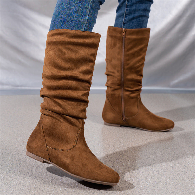 Women's Mid-Calf Leather Boots – Flat Heel Side Zip