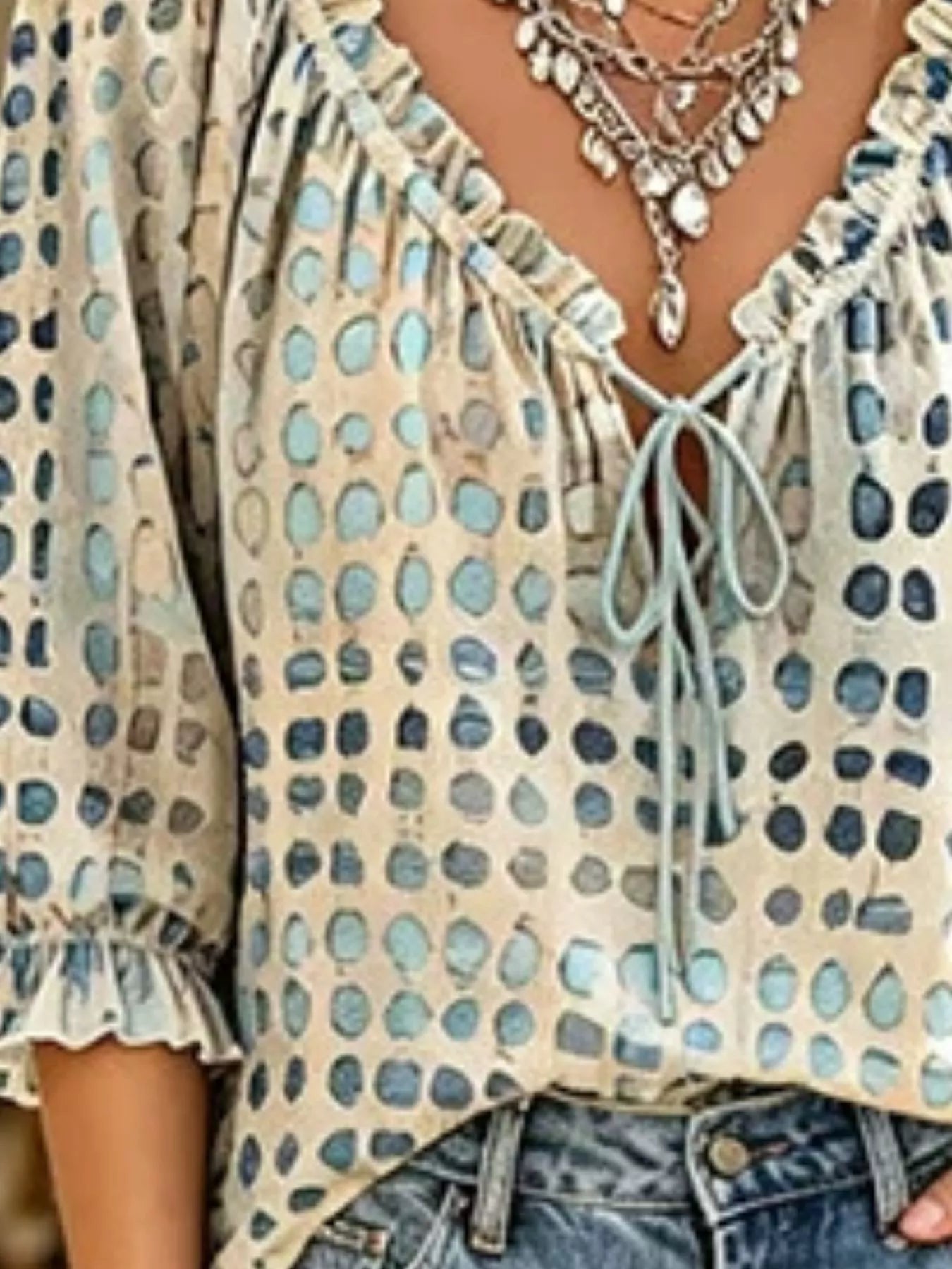 Full Size Tie Neck 3/4 Sleeve Blouse Plus Size