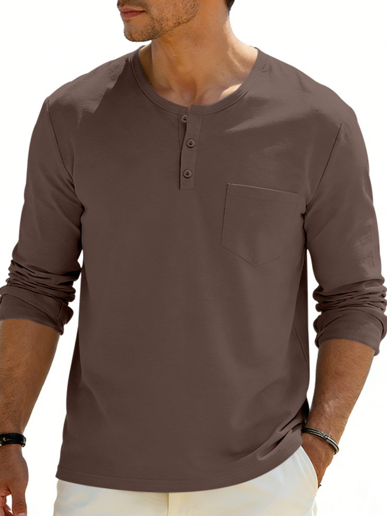 Men's Plus Size Casual Long Sleeve Henley T-Shirt with Pocket