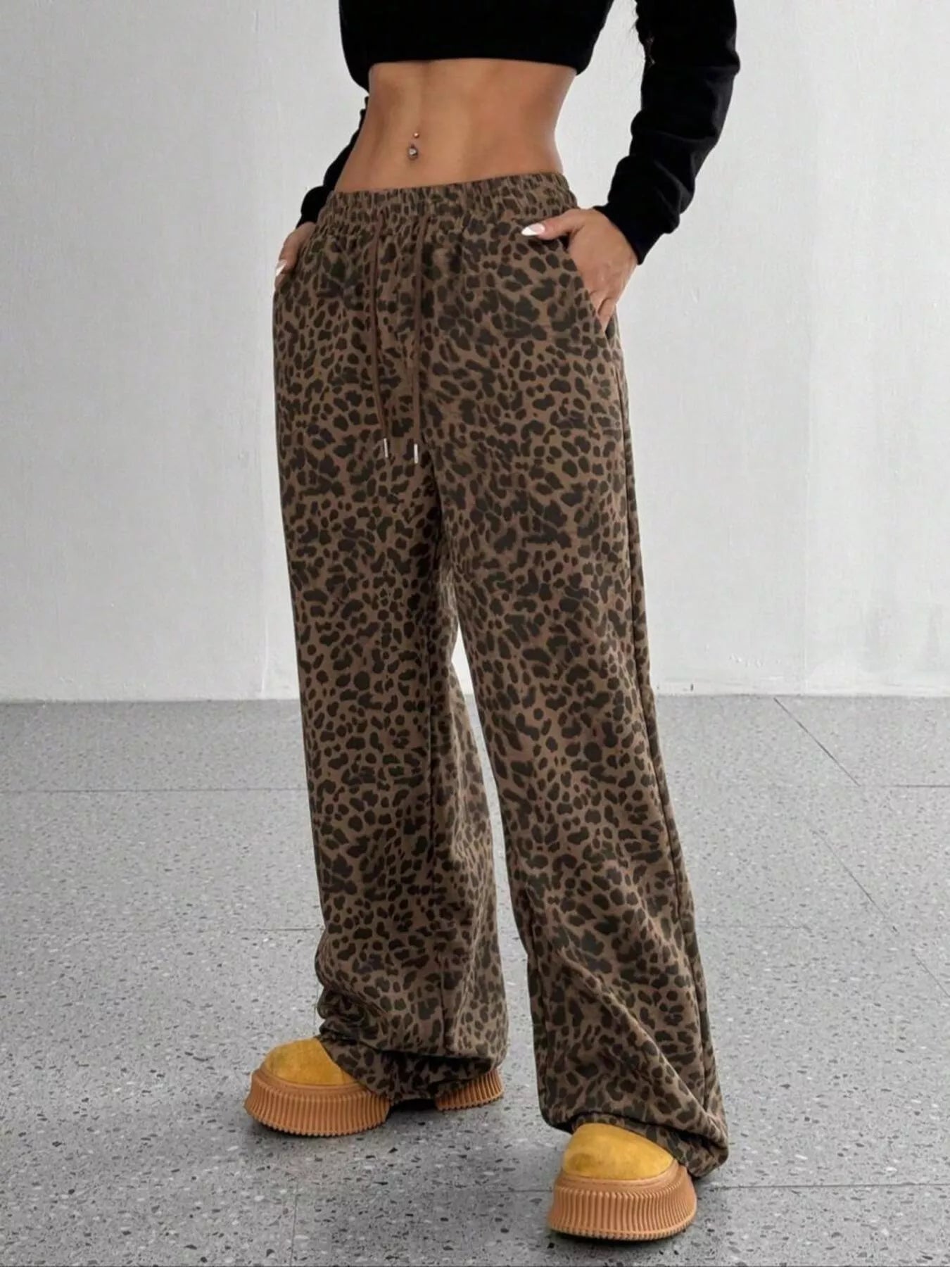 Leopard Drawstring Wide Leg Pants