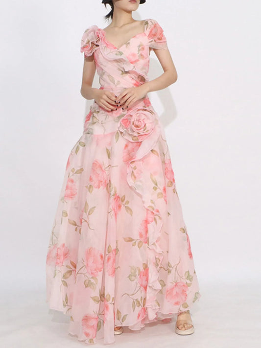 Floral Ruffled Short Sleeve Maxi Dress
