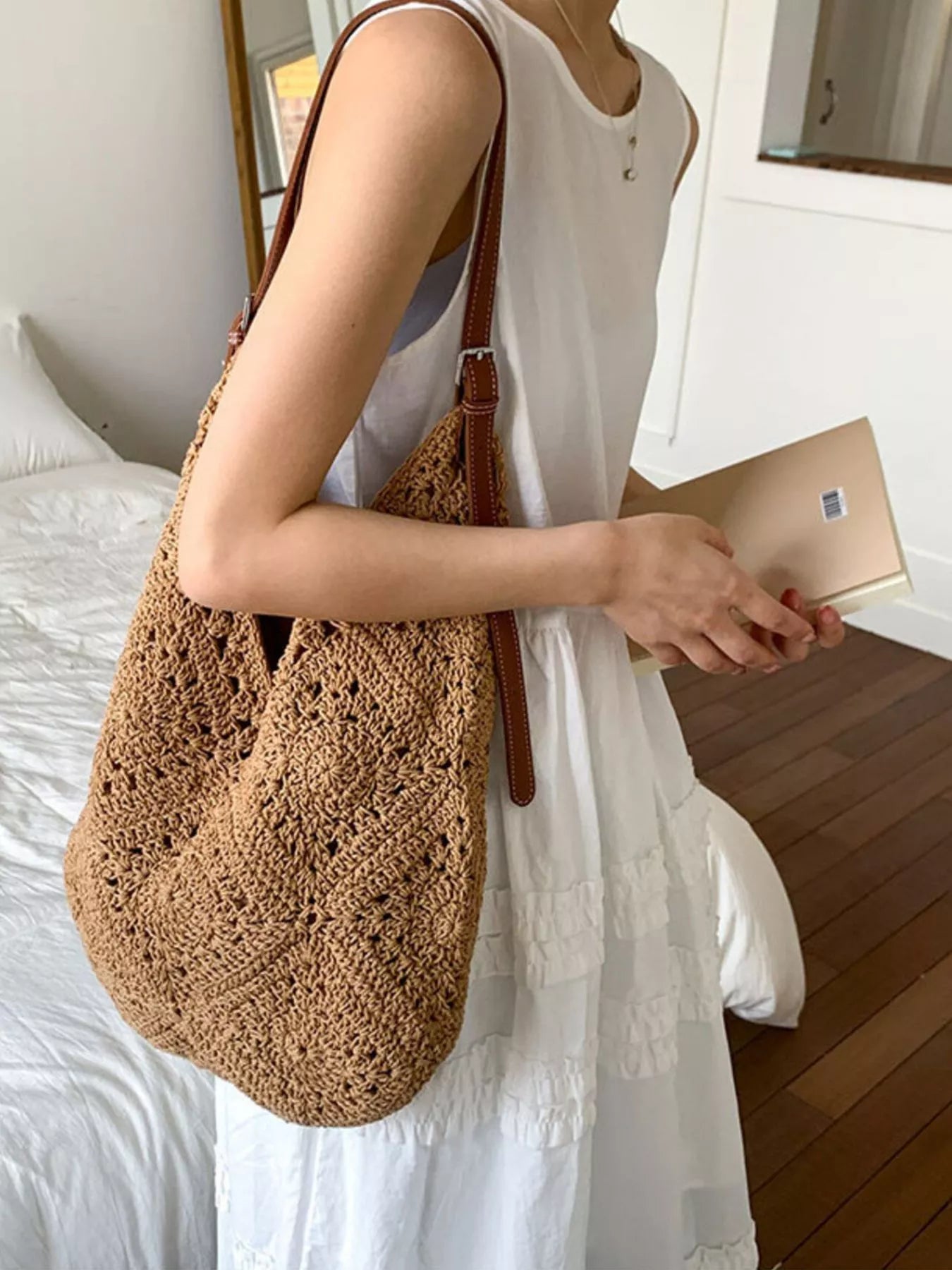 Crochet Shoulder Bag with Leather Straps