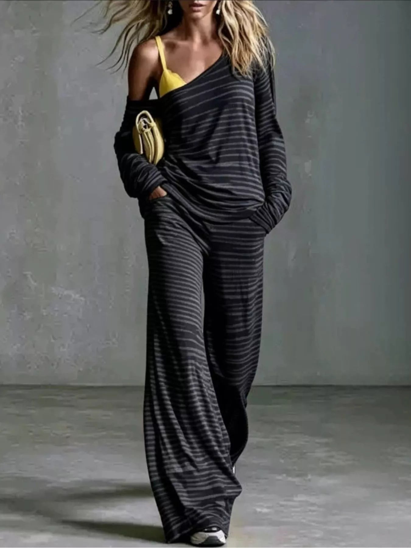 Full Size Striped One Shoulder Top and Pants Set Plus Size