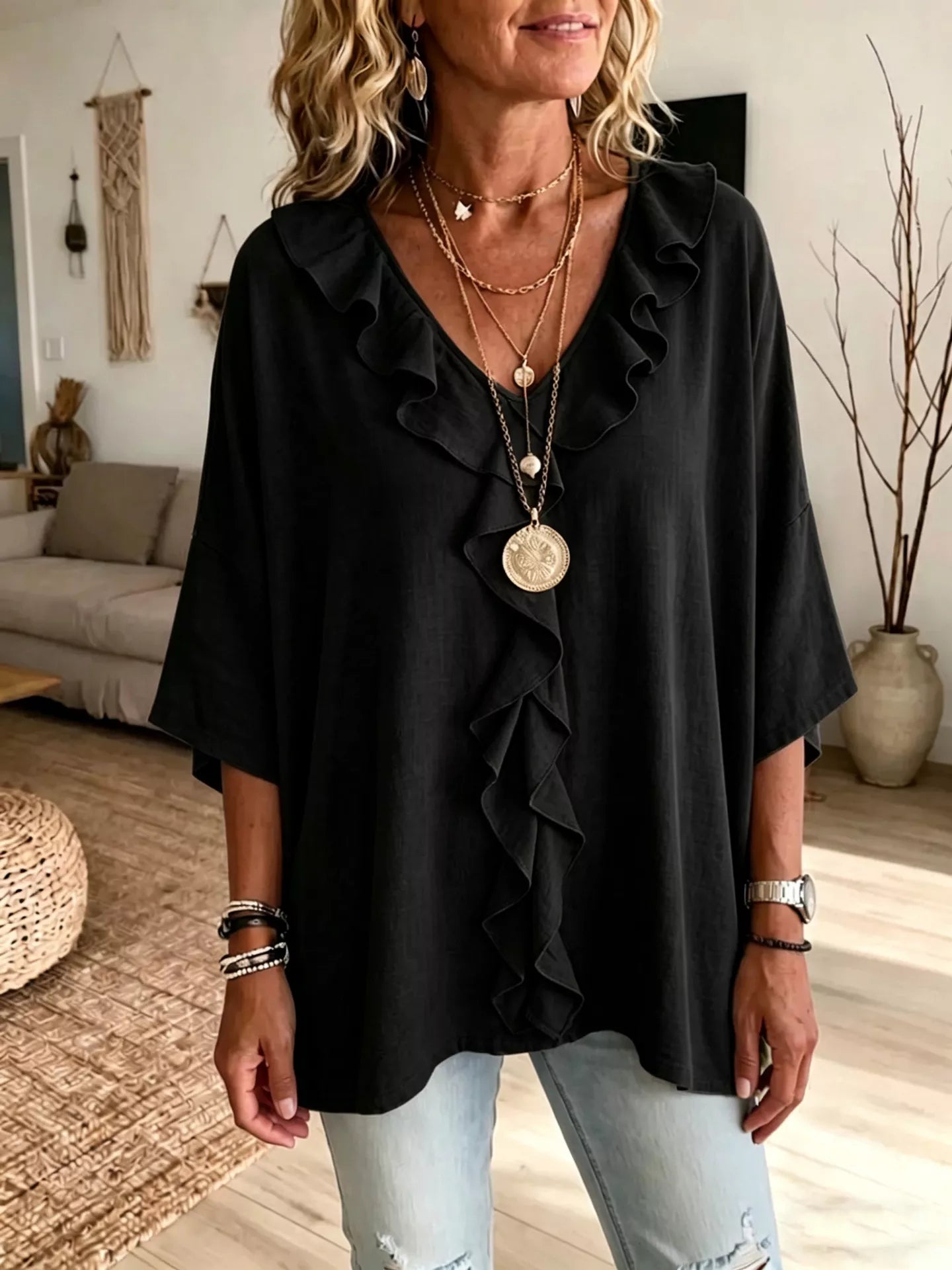 Full Size Ruffled V-Neck 3/4 Sleeve Blouse Plus Size