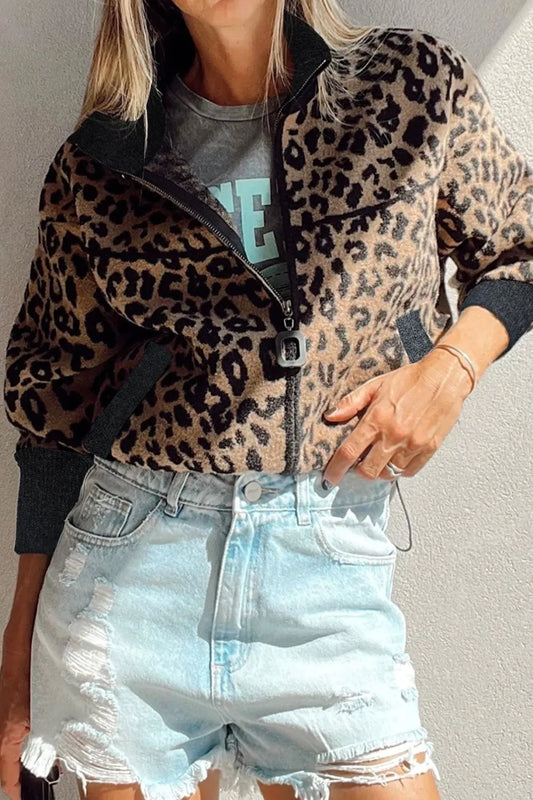 Leopard Zip Up Long Sleeve Jacket