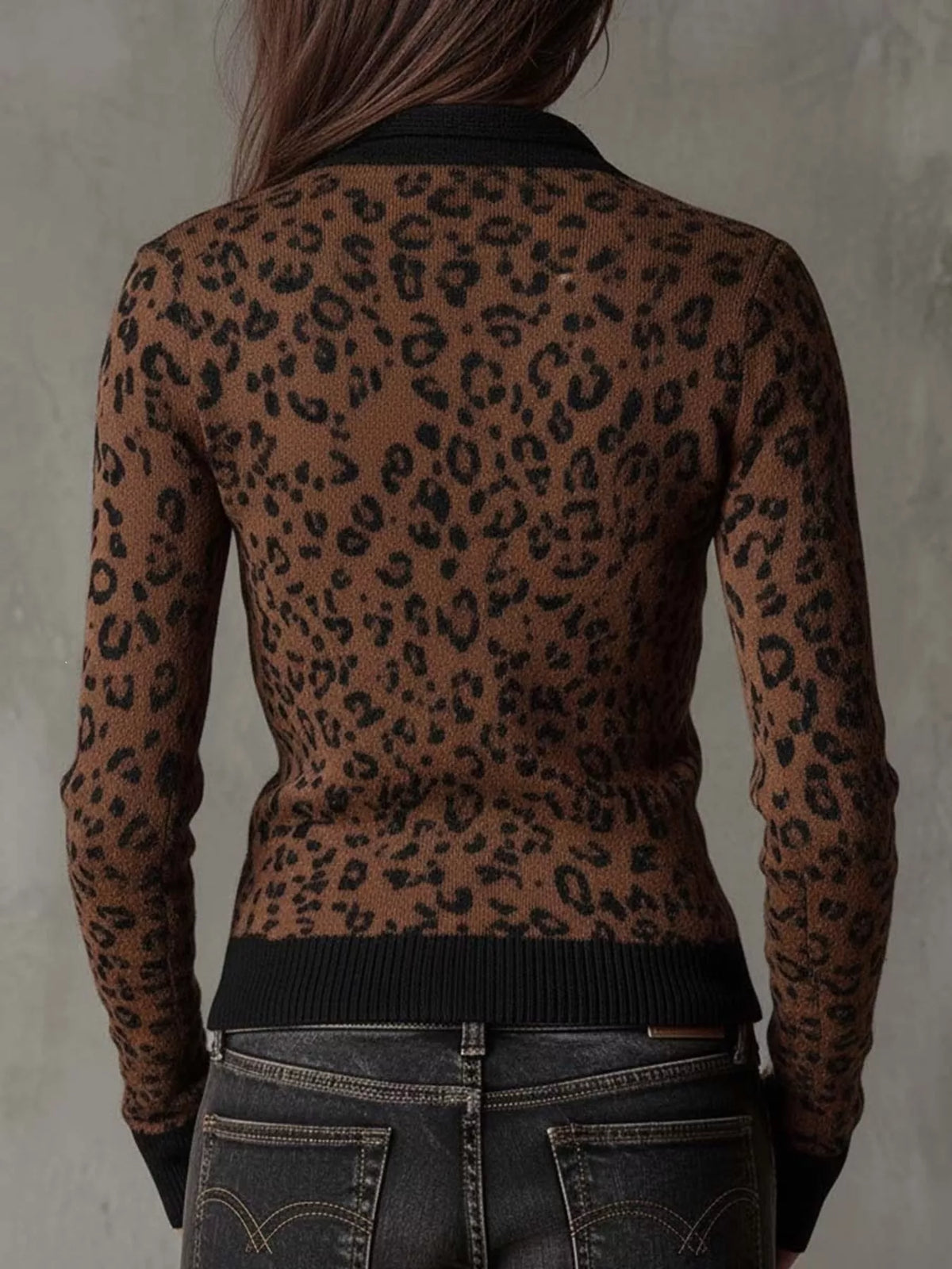 Leopard Print Knit Zip-Up Outerwear