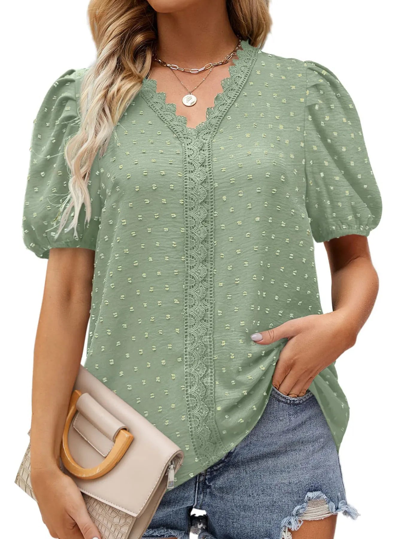 Puff Sleeve Swiss Dot Lace Trim Blouse