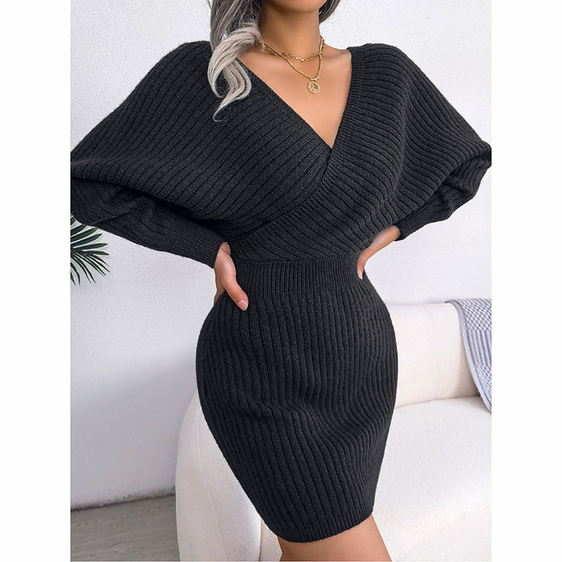 Women's Batwing Sleeve Sweater Dress - Sexy Off The Shoulder V-Neck Mini Dress, Solid Color (See size chart where applicable)