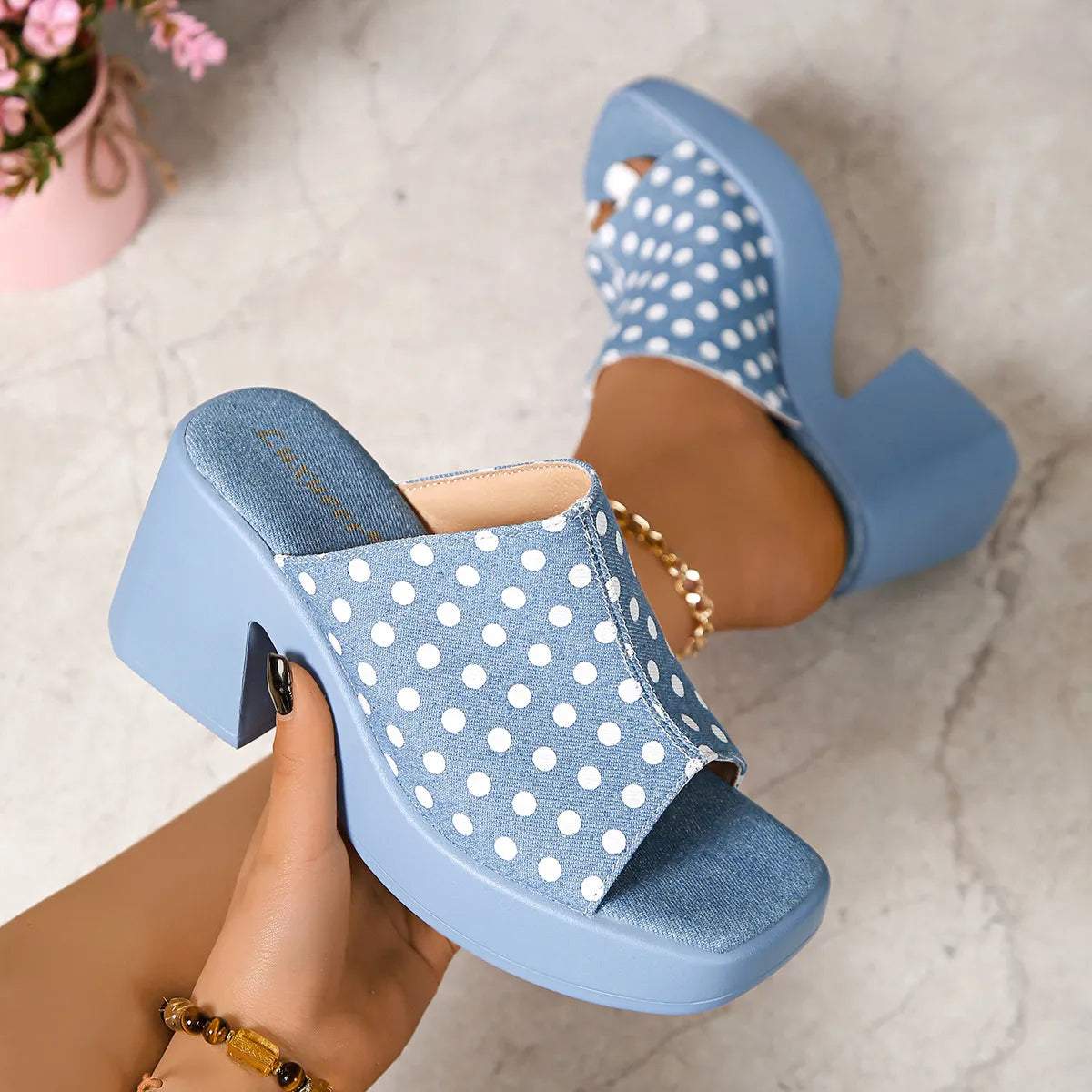 Polka Dot Block Heels Sandals