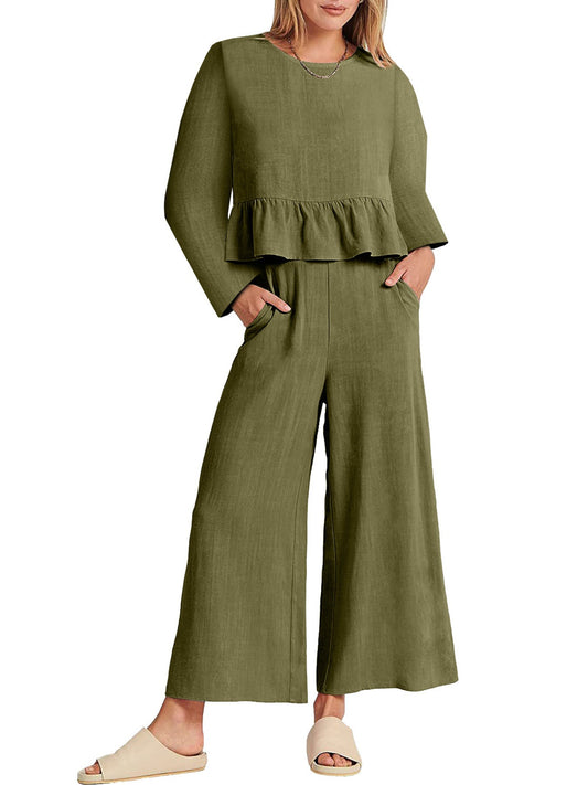 Full Size Ruffled Hem Long Sleeve Top and Pants Set Plus Size