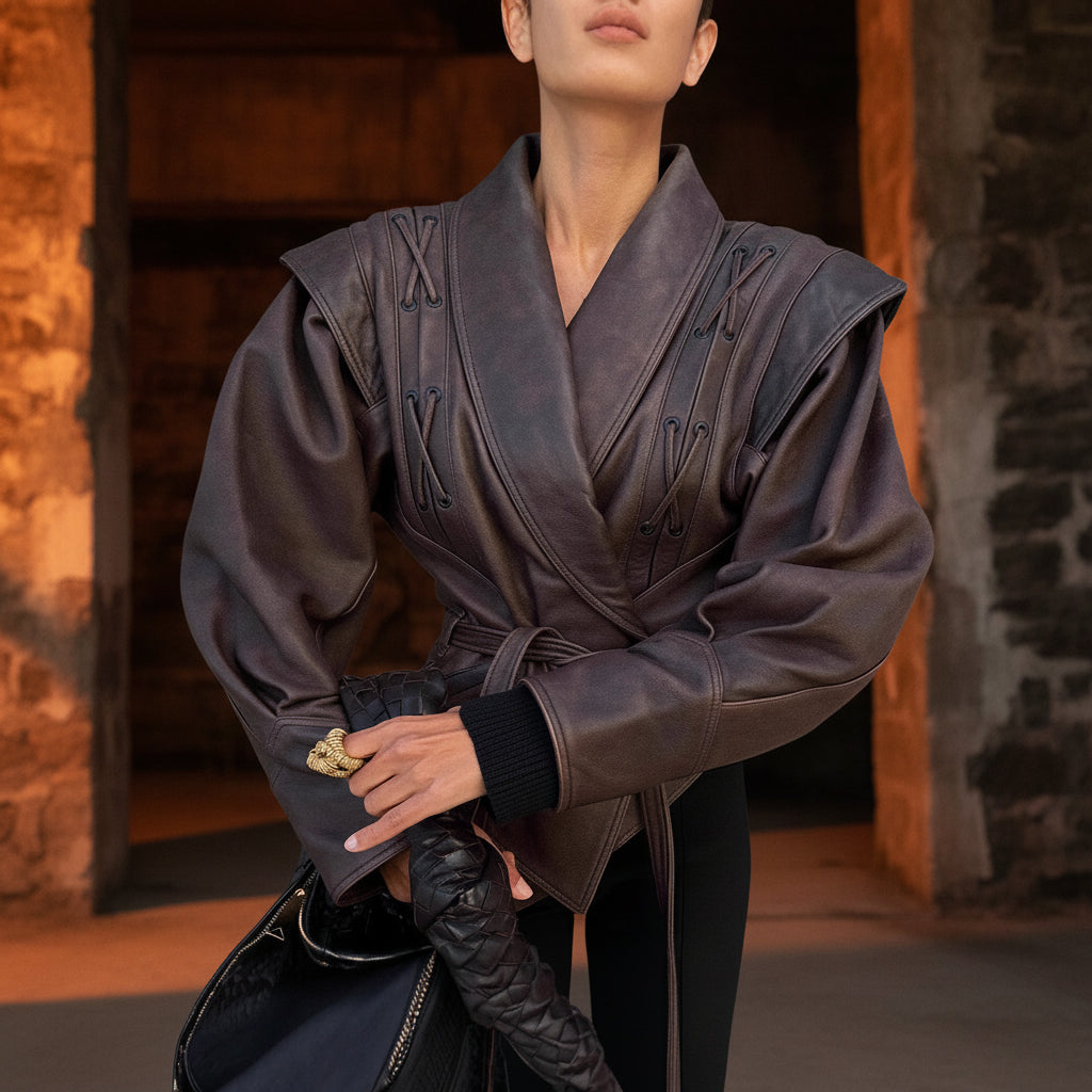 PU Leather Strap-Up Short Jacket – V-Neck Long Sleeve Streetwear