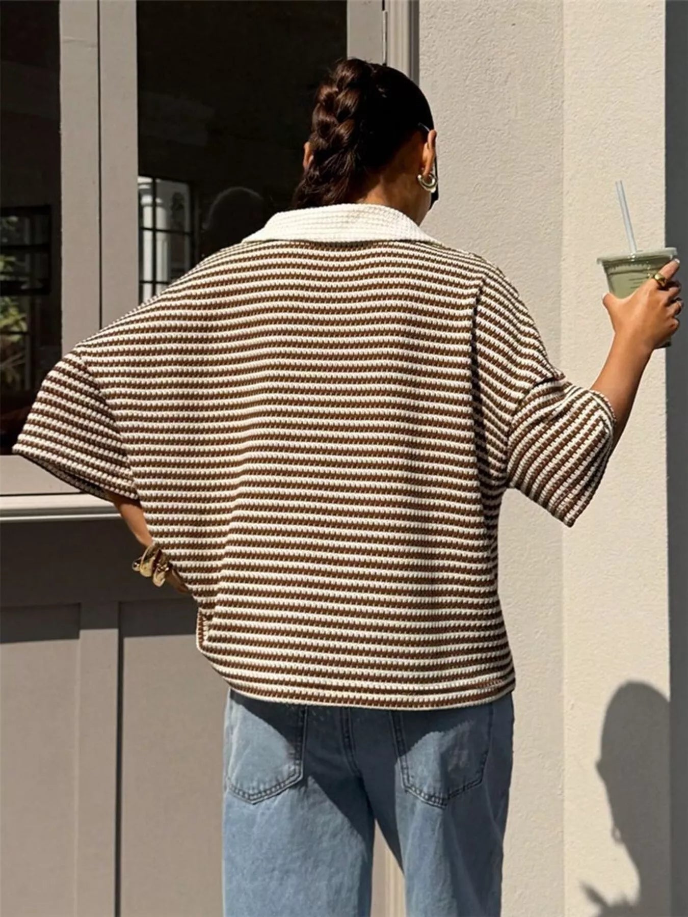 Striped Knit 3/4 Sleeve Polo Top