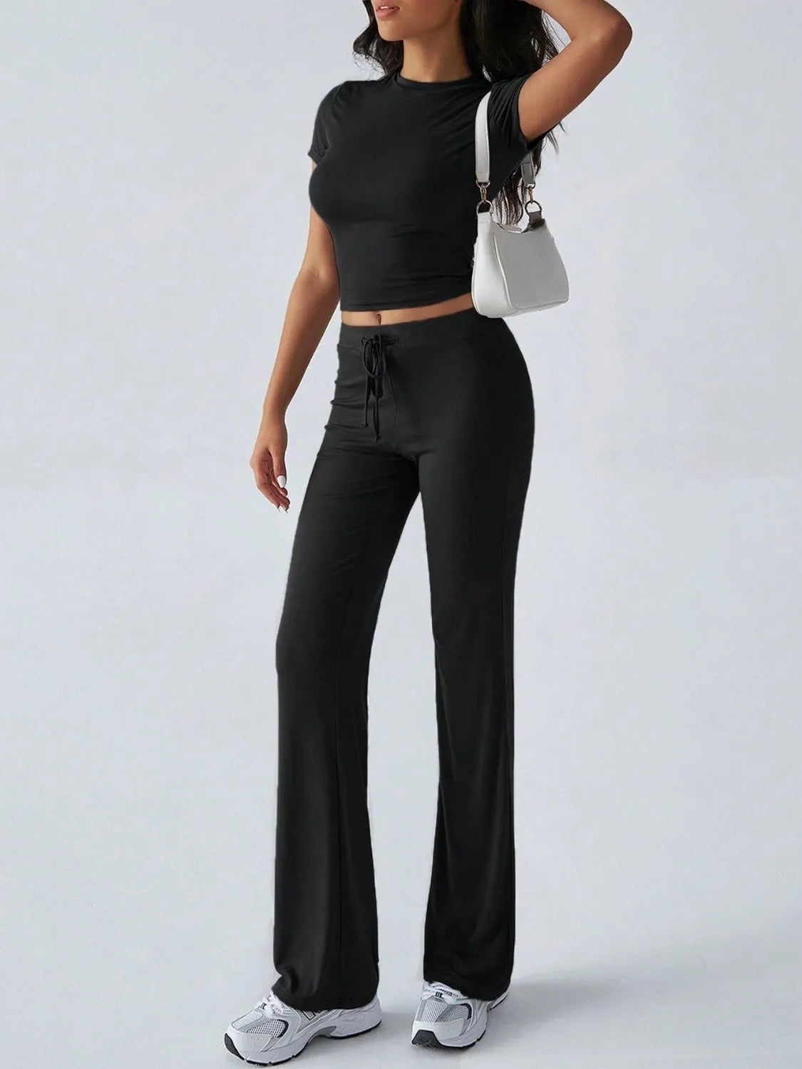 Round Neck Short Sleeve Top and Pants Set