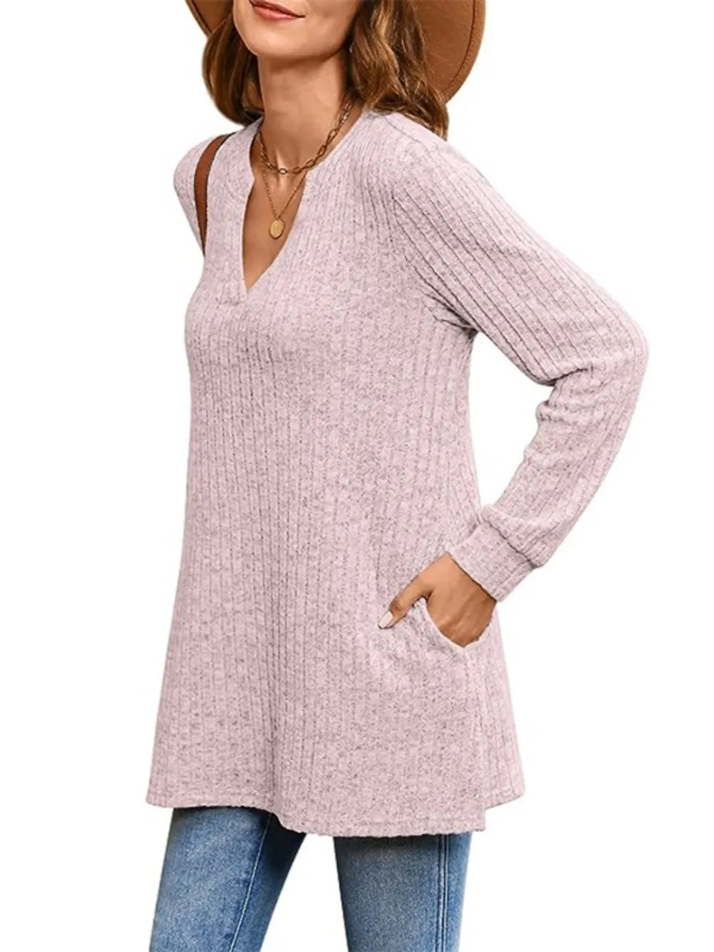 Ribbed Notched Long Sleeve T-Shirt